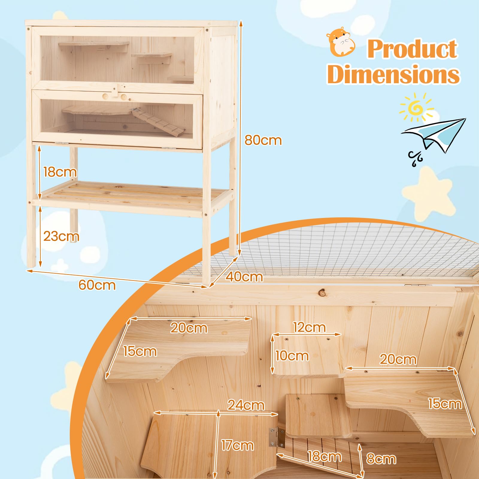 COSTWAY Jaula para Hámster de Madera, Hábitat con Techo Abatible de Malla, Puerta de Acrílico Bloqueable, Estante Inferior, Escaleras y Plataformas, Espacio Amplio para Animales Pequeños, Interior