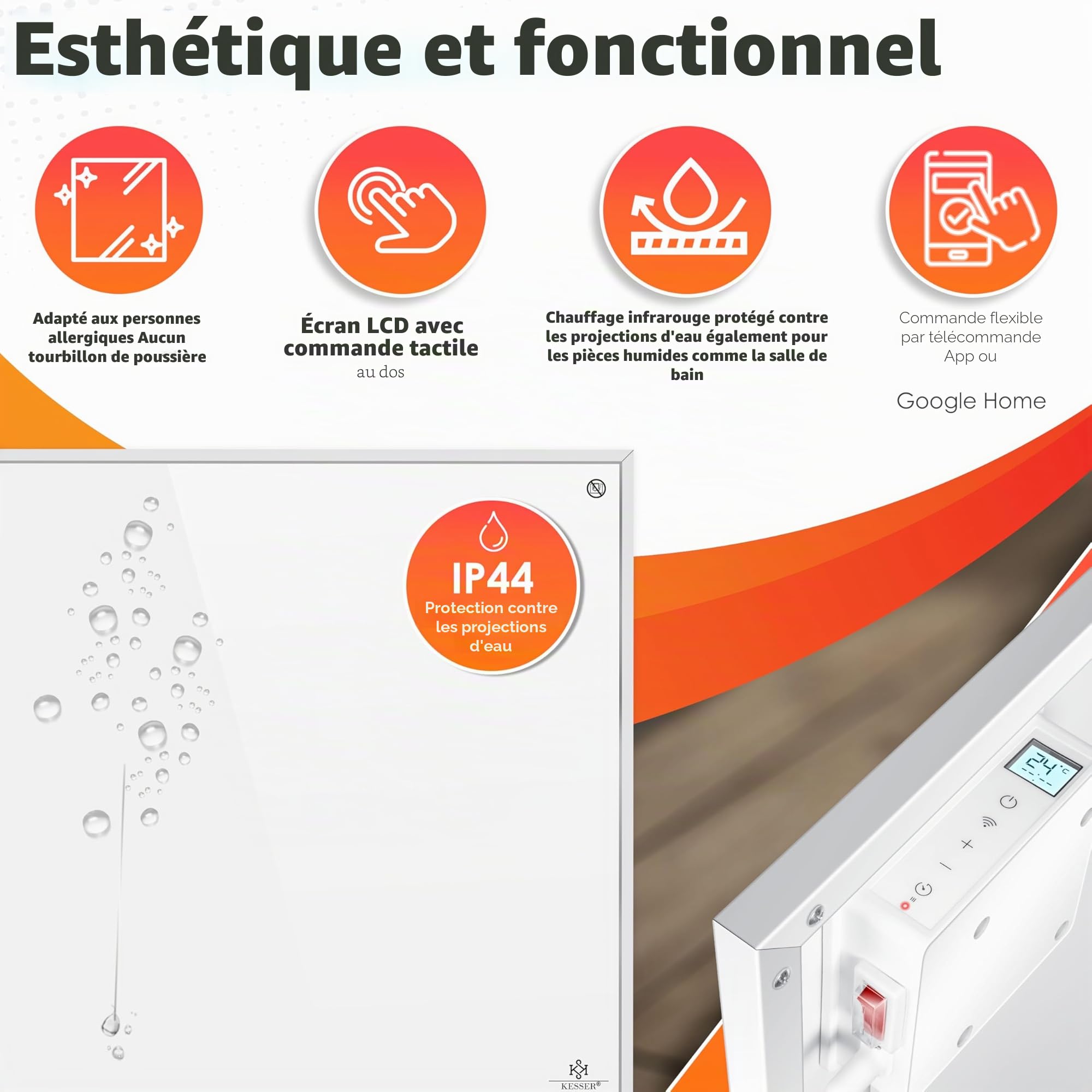 KESSER® Chauffage infrarouge à économie d'énergie - Appareil sur pied et montage mural - Chauffage électrique - 550W - Avec télécommande - Thermostat et commande d'application - Panneau chauffant