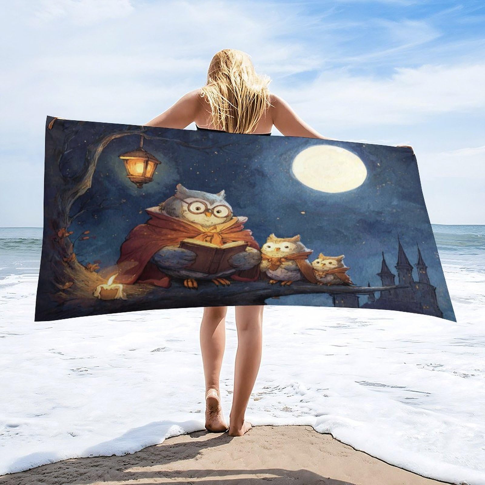 Luyysky Retro Watercolor Cute Owl Quick-Drying Beach Towel, Classic Oil Painting Full Moon Starry Sky Galaxy Castle Animal Owls Travel Vacation Single Sided Pile Bathroom Towels-80 W Cm X 160" L Cm