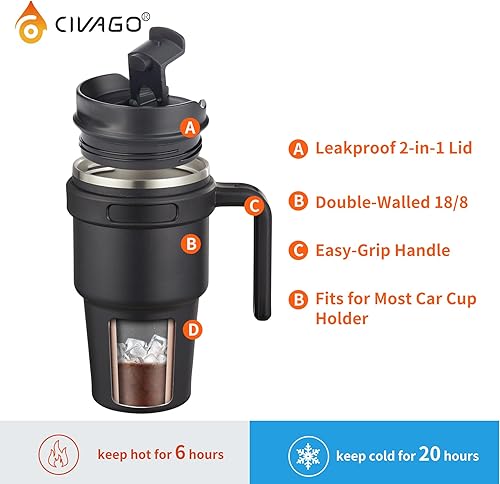 Miniatura 3 de CIVAGO - Taza de viaje con aislamiento de acero inoxidable de 20 onzas con asa, tapa a prueba de fugas y popote, taza de café de doble pared con