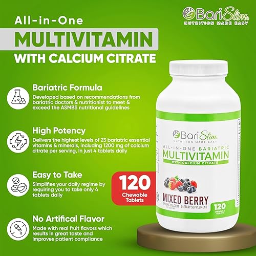 Miniatura 3 de BariSlim Tabletas multivitamínicas masticables bariátricas todo en uno, 1200 mg de citrato de calcio, vitamina bariátrica para cirugía