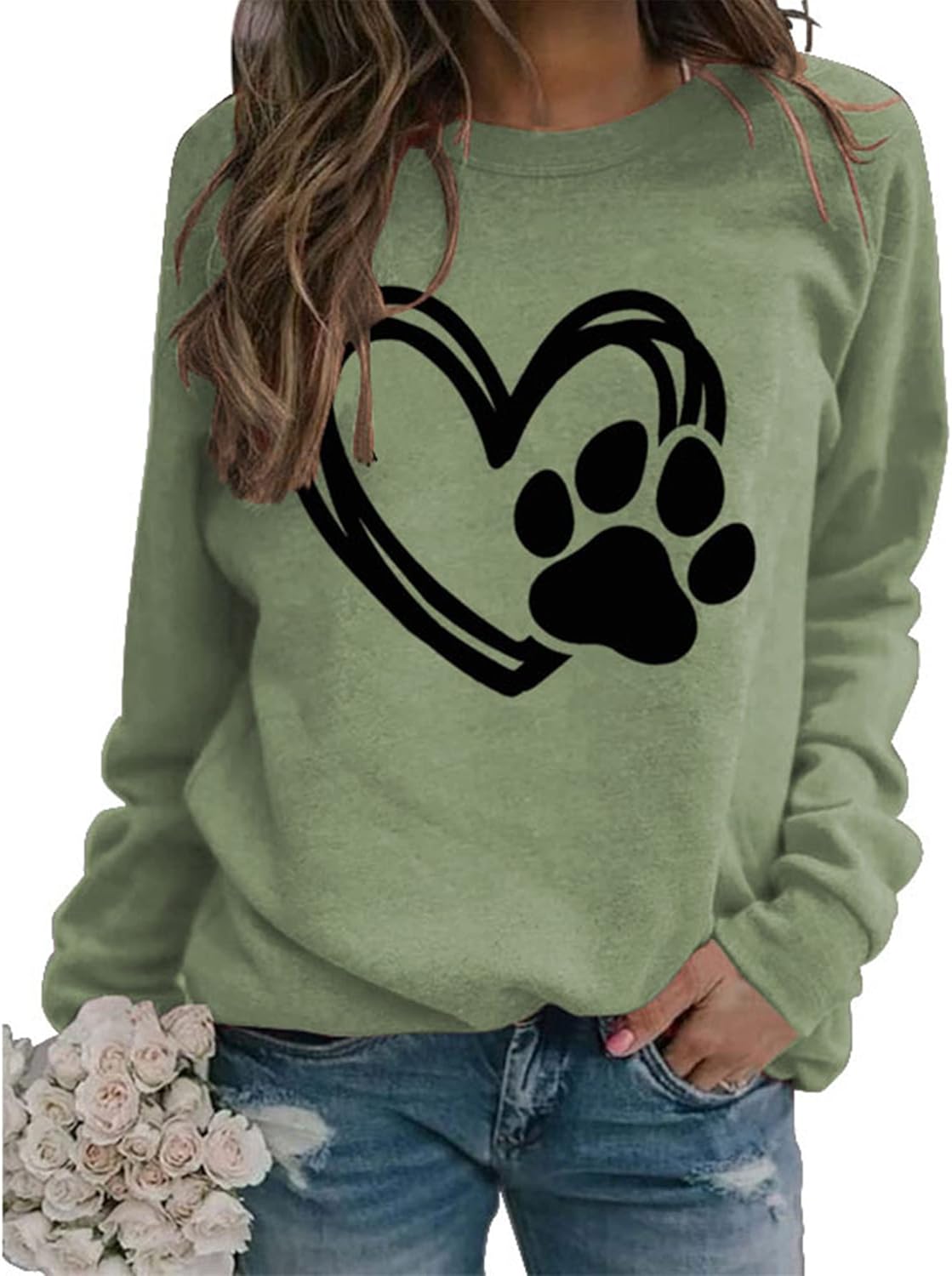 Womens Dog Mama Sweatshirts Dog Paw Print Love Heart Graphics Long Sleeve Crewneck Pullover Casual T-Shirts