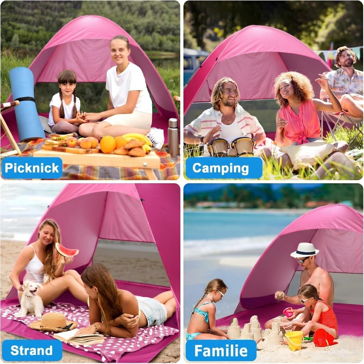 XXL Strandmuschel Pop Up, 200cm x 165cm x 130cm, Outdoor strandzelt für 3-5 Personen, UPF 50+ uv Schutz (pink)