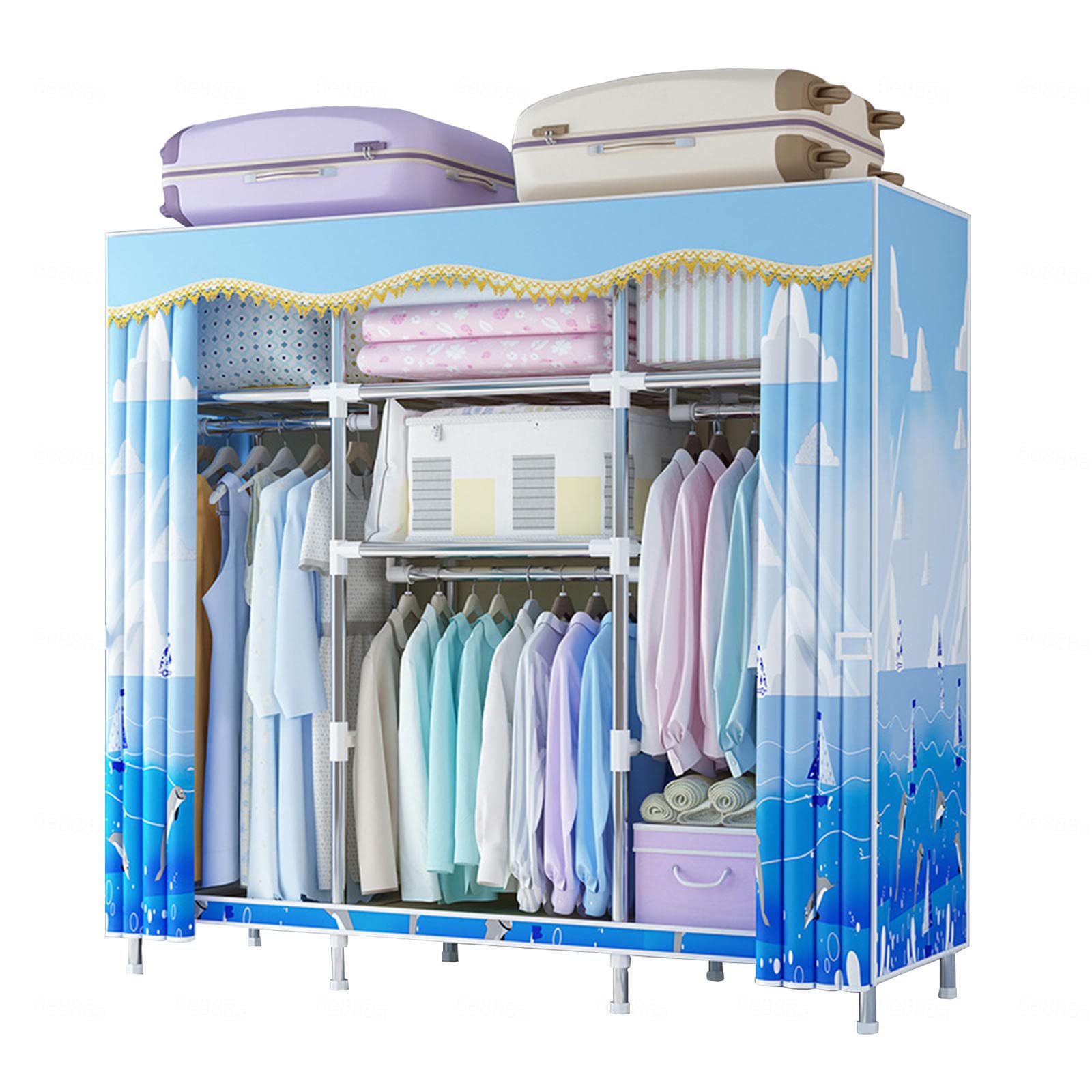 Canvas-Kleiderschrank, tragbarer Kleiderschrank, Aufbewahrungsorganisator für Kleiderschränke mit Kleiderstange, Regalen, Stoffbezug, faltbarer Schrank für Schlafzimmer, Wohnzimmer