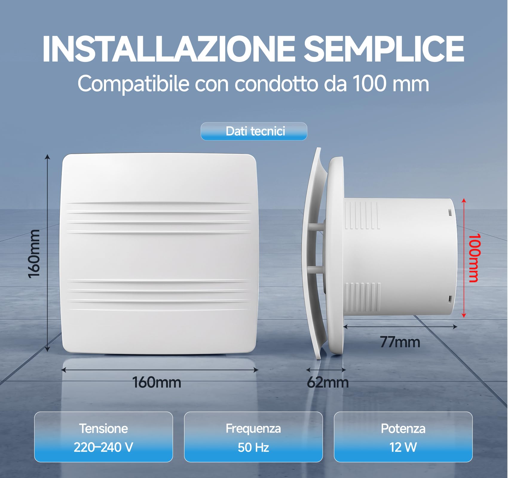 MOCINE Aspiratore bagno 100 mm con temporizzazione | Tempo di funzionamento regolabile su 6 livelli con display integrato, ventilatore WC silenzioso contro umidità e odori