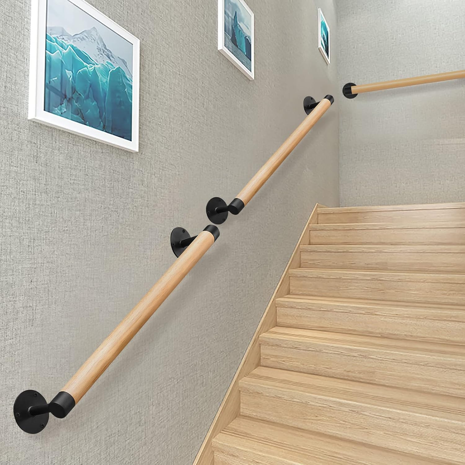 2FT Wood Hand Railing for Stairs - Wooden Handrails for Outdoor Steps, Staircase Handrail W/s Black Metal Brackets, Banister Deck Rails, Safety Grab Bars for Senior, Elderly & Kids