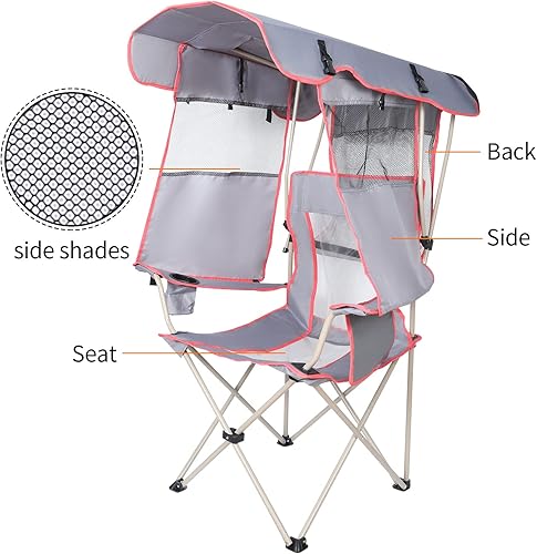 Miniatura 3 de Silla de camping con toldo de protección solar completa, silla plegable para exteriores con pantalla ajustable, soporte para tazas, bolsillos