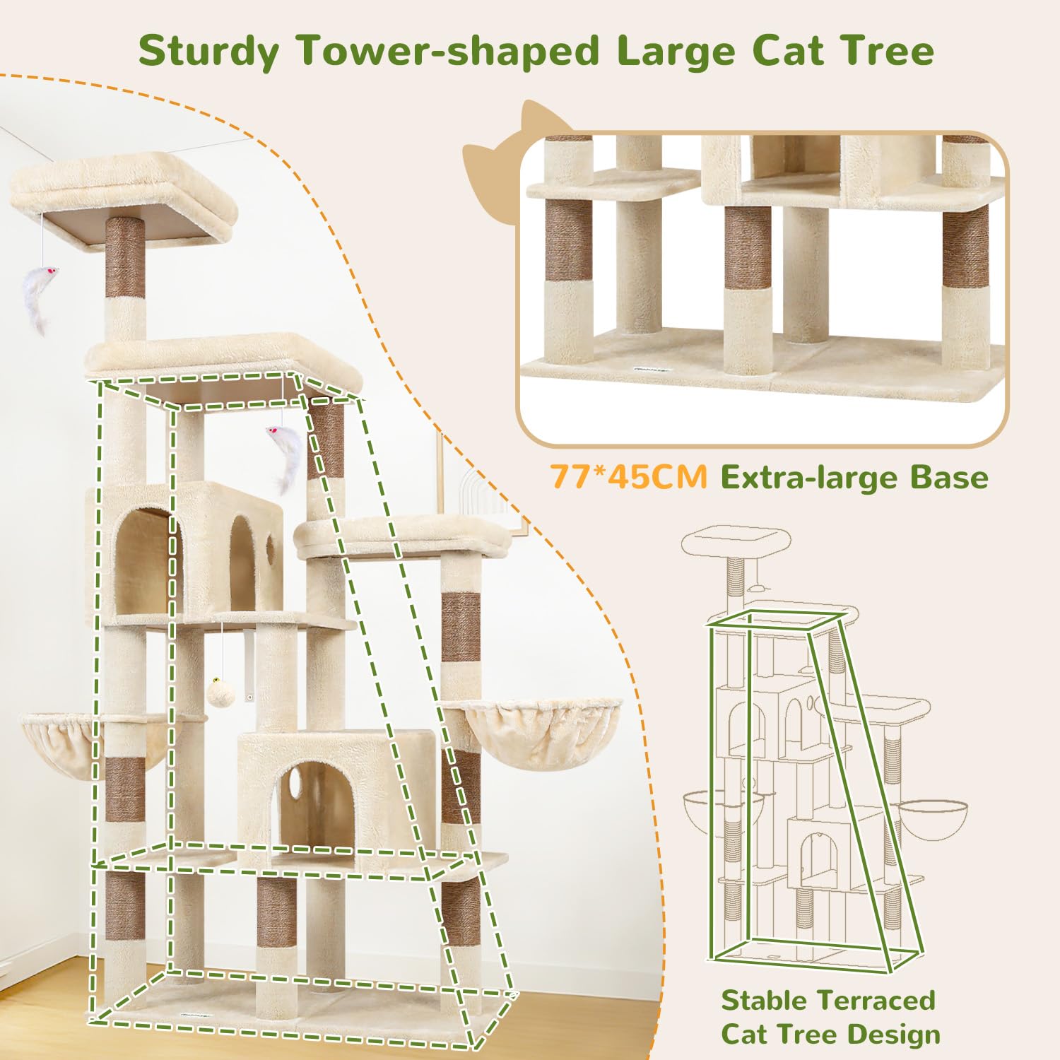 Globlazer Arbre a Chat XXL Beige pour Gros Chat 189 cm avec 2 Grande Niches 45 * 30CM, 3 Plateforme Rembourrée, 2 Panier, Peluche Jouets, Arbres à Chats XXL pour Grande Chats Intérieur (F74F, Beige)