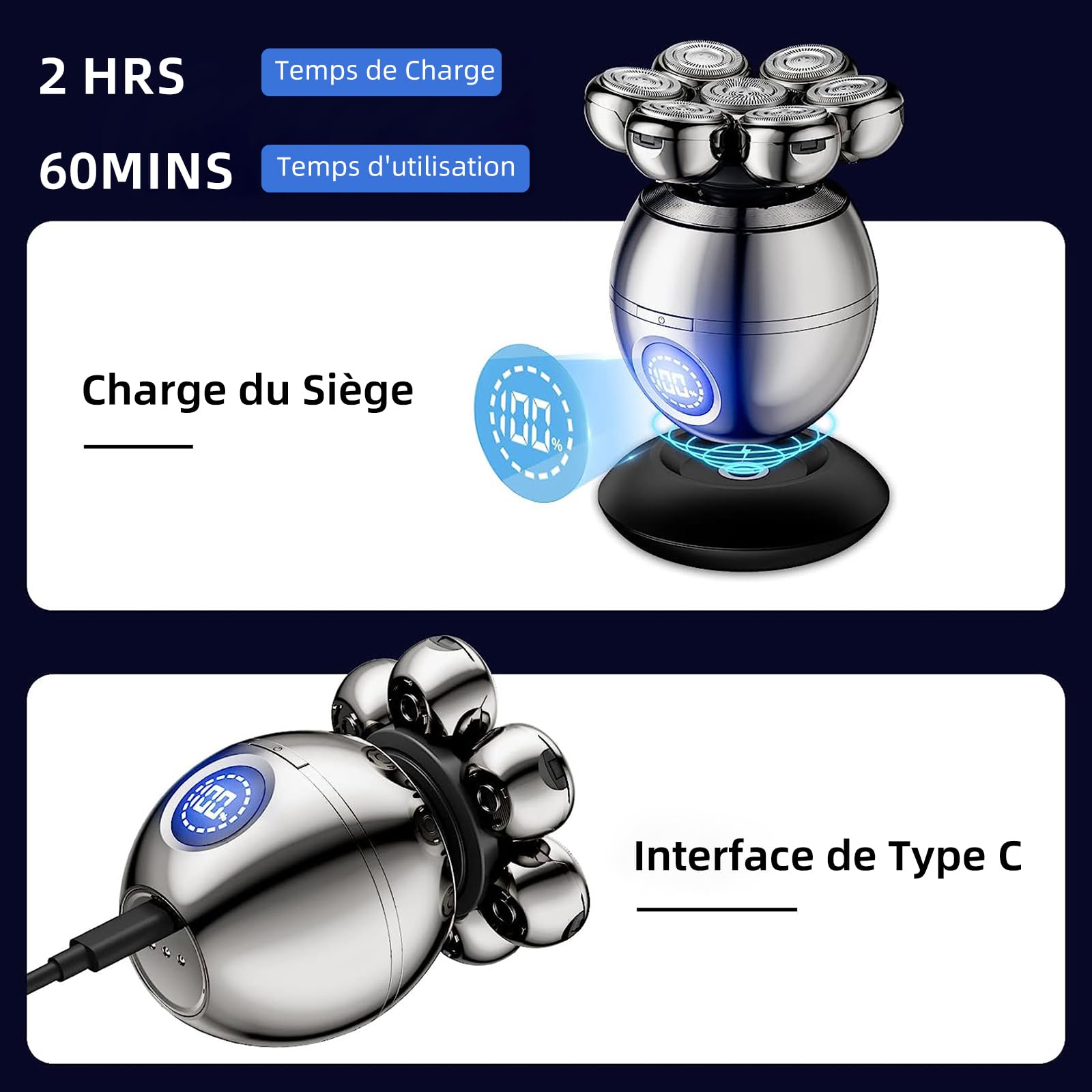 Rasoir Electriques Hommes, 6 in 1 Rasoirs à Têtes Rotatives, 7D Tondeuse Cheveux Hommes, IPX7 Étanche Rasoir Electriques Rechargeable Type-C et tondeuse nez Ave écran LED et Sec et Humide Portables