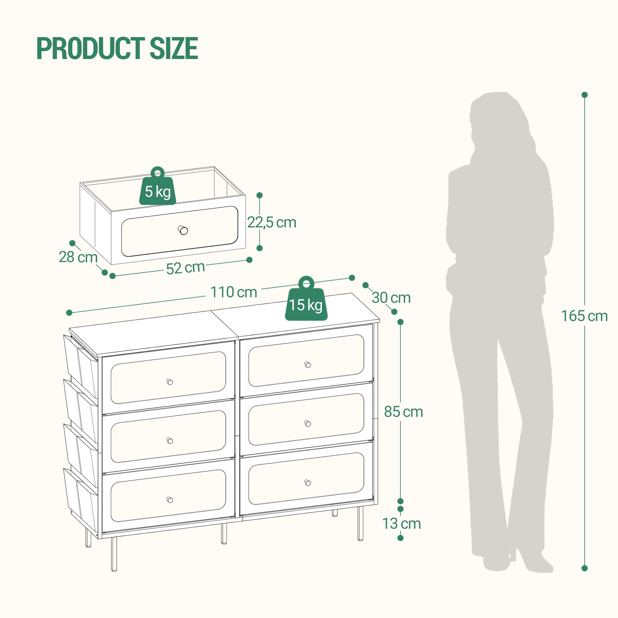 Hzuaneri Commode 110cm, Armoire avec 6 Tiroirs en Tissu, Meuble de Rangement, Cadre en Métal, 30 x 110 x 85 cm, pour Le Salon et la Chambre, Style Moderne, Blanc-Or DU25813AW