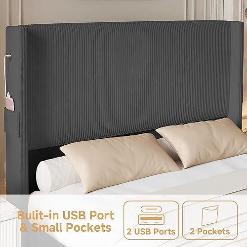 Miniatura 6 de Base de cama tamaño Queen con cabecero, cama de plataforma tapizada con cabecero y estribo altos con respaldo de alas, marcos de cama de pana con