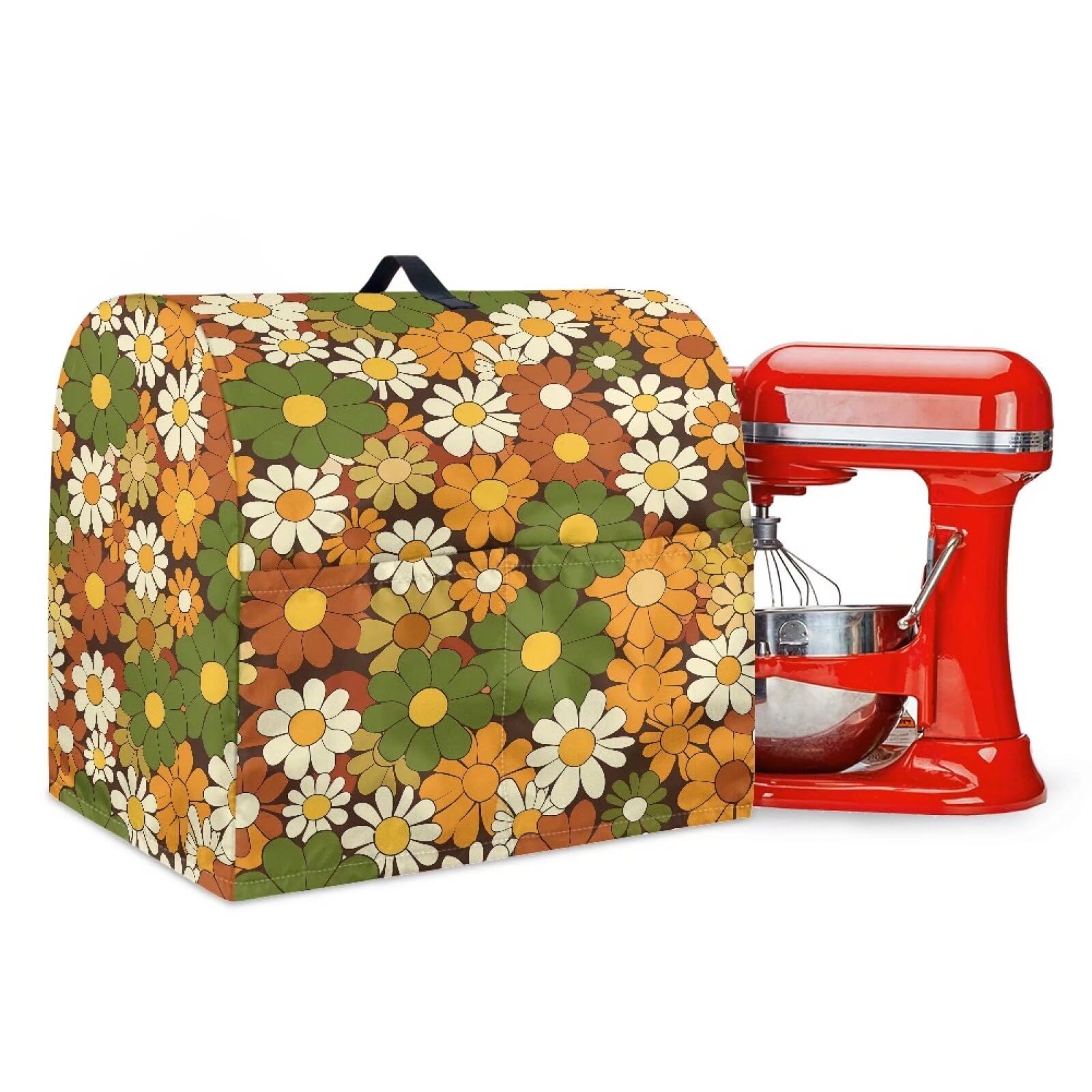 Talayituse Hippie Daisy Print Stand Mixer Dust Proof Cover with Drawstring, Washable Kitchen Mixer Accessories with Pockets and Handle, Fits for Bowl Lift 4.5-5 Quart, Small