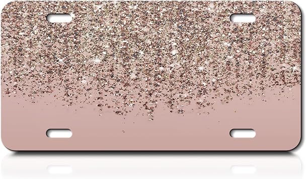 License Plate, Black Front Funny Cute Decoration Aluminum Metal License Plates Cover with 4 Holes, Novelty Vanity Tag Cover Car Decor Accessory Pink Rose Gold