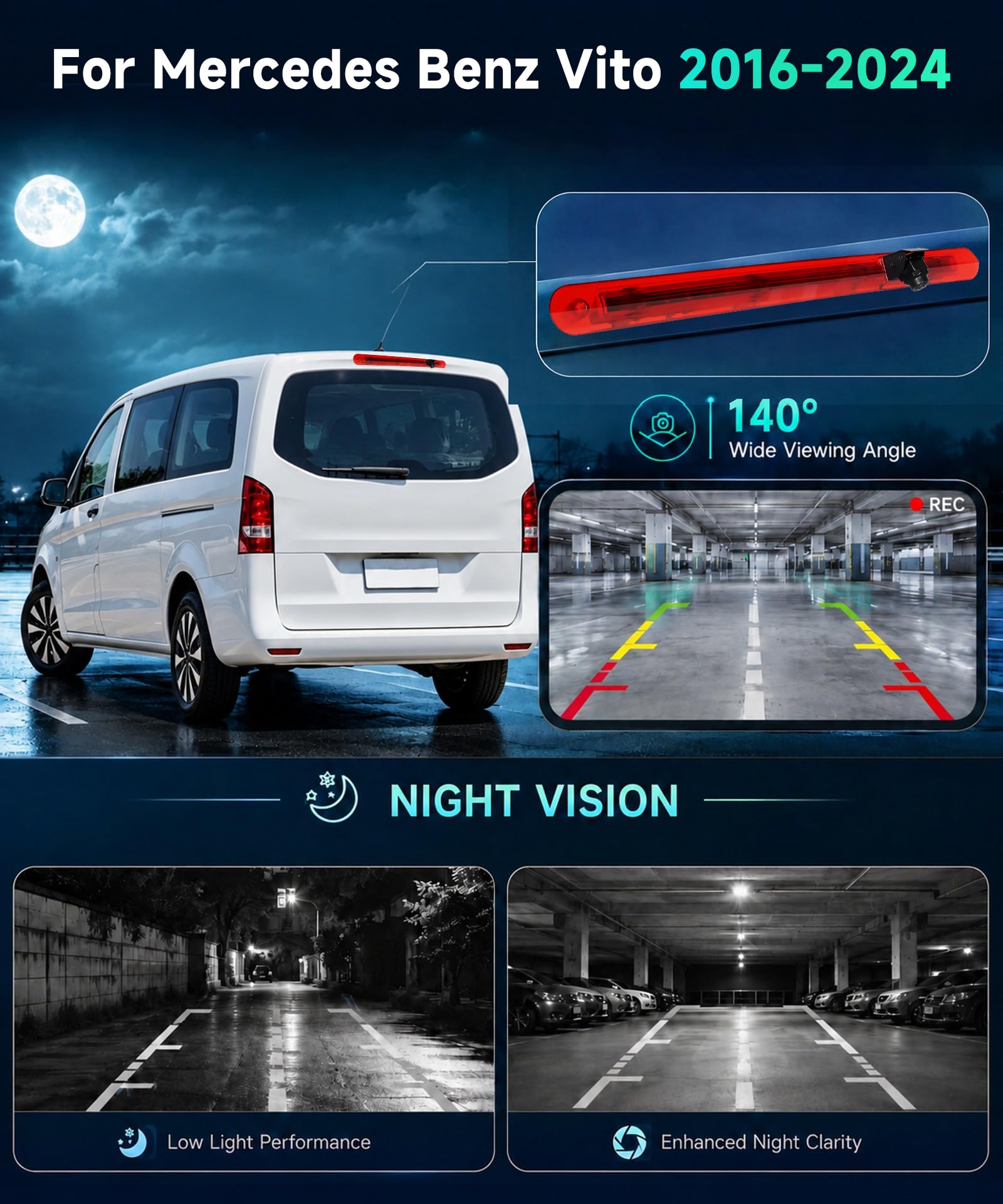 Hodozzy Cámara de Visión Trasera para Mercedes Benz Vito 2016-2024, Cámara para Tercera Luz de Freno, Visión Nocturna por IR, Resistente al Agua IP67, con Línea de Marcha Atrás