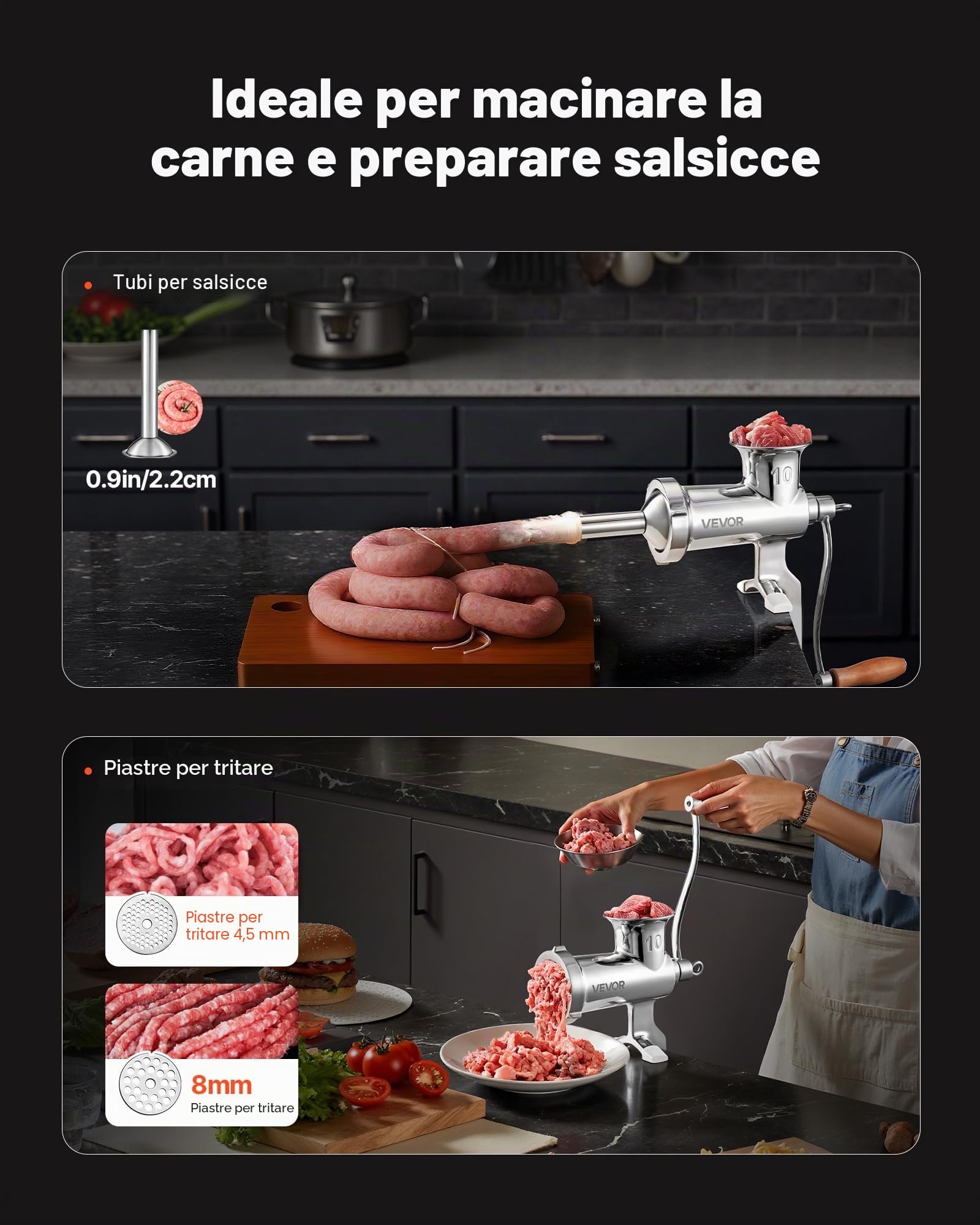 VEVOR Tritacarne Manuale per Impieghi Gravosi, Tritacarne in Acciaio Inossidabile 304 Diametro 8/8,3 cm, Uso per Macinazione di Verdure, Noci, Carne di Maiale, Manzo, Pollo, Pepe, Aglio, Arachidi, ecc