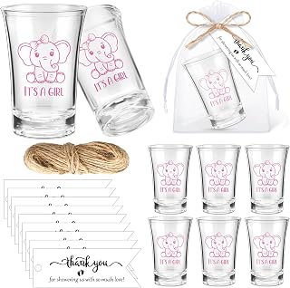 Pickmesh 25 Sets Baby Shower Party Gift Bulk Elephant Theme Acrylic Shot Glasses with Thank You Tags Bag Pink Blue Cups for Baby Shower Gender Reveal Tea Party Souvenir Favor(Girl)