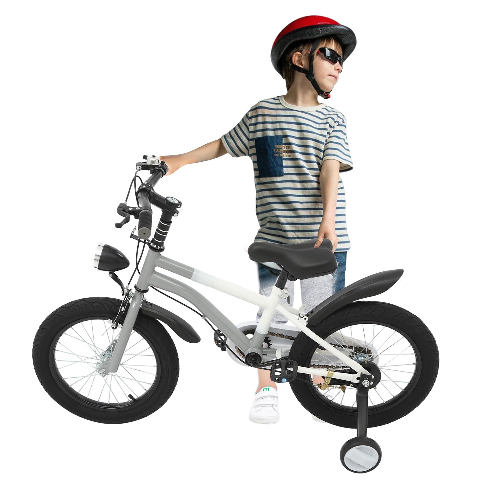 Vélo enfant 16 pouces pour garçon et fille, vélo avec roues stabilisatrices et lumière, hauteur réglable, vélo en acier au carbone pour enfant à partir de 4, 5, 6, 7 ans, gris