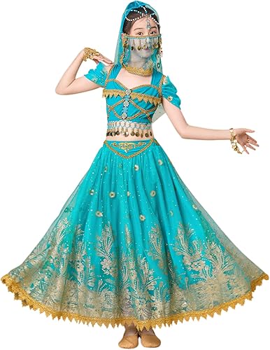 ELLYDOOR Disfraz de princesa de jazmín para niñas, disfraz de Aladdin, Halloween, cosplay, fiesta, traje de danza del vientre