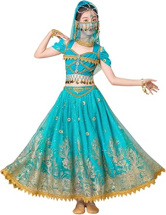 Princess Jasmine Costume for Girls Aladdin Dress UP Halloween Cosplay Party Belly Dance Outfit