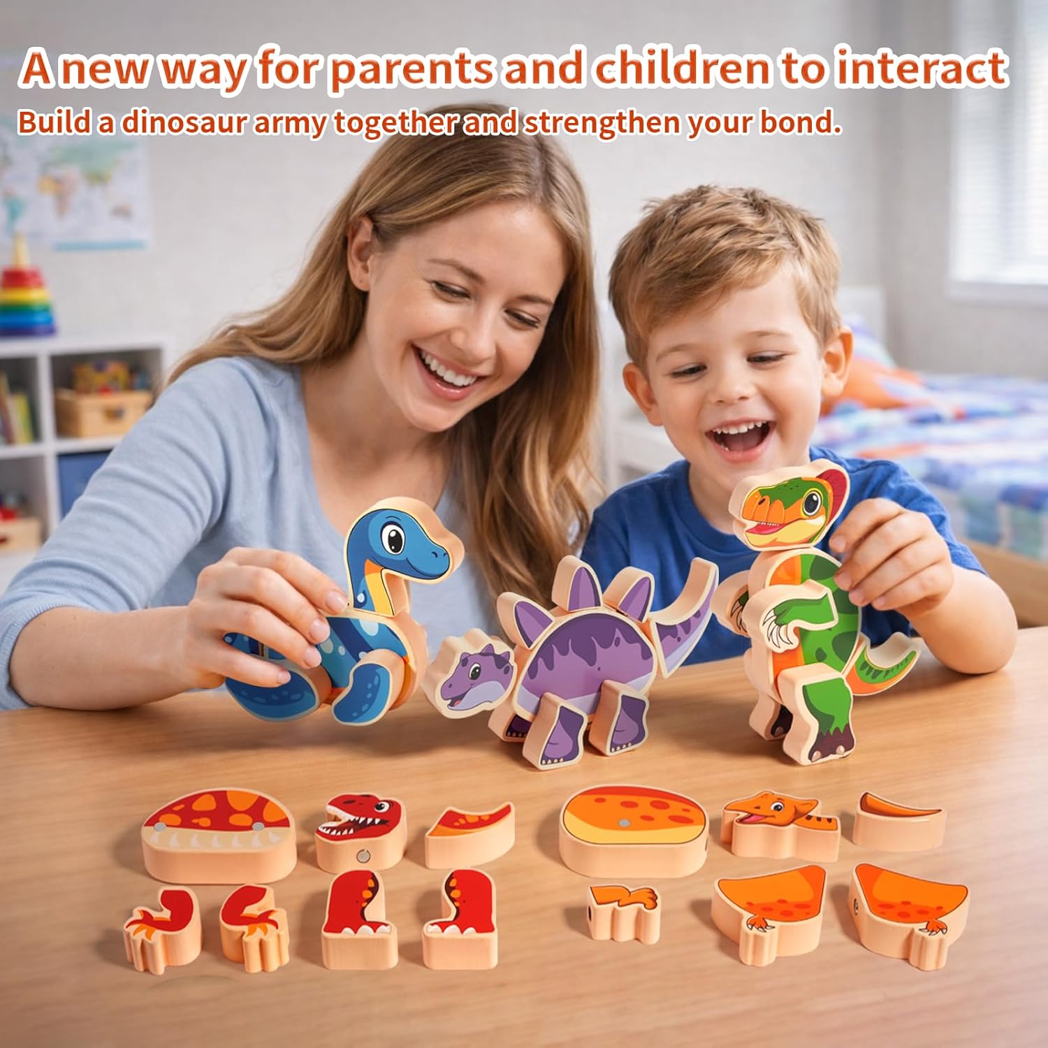 Wooden Magnetic Take Apart Dinosaur Building Blocks, Build Your Own Dinosaur Playset, STEM Montessori Educational Toy for Fine Motor Skills, Birthday Gift for 3-6 Year Old Boys Girls