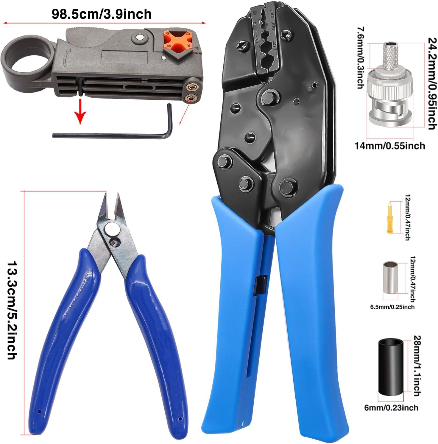Taiss Coaxial Cable Tool Kit BNC Crimp tool with 10PCS BNC Male Crimp Connector,Coaxial Cable Stripper Cutter,Wire Cable Cutter and Heat Shrink Tube for RG58/RG59/RG62/RG174