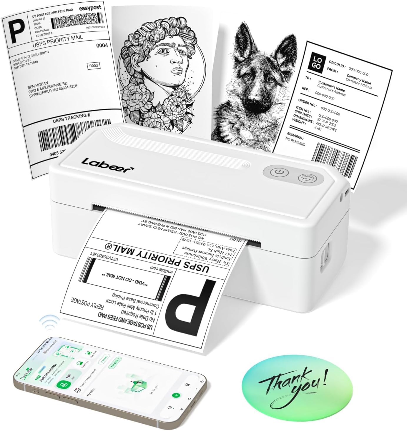 Labeer Imprimante d'étiquettes thermiques Bluetooth pour l'expédition de colis, petite entreprise, bureau ou maison, compatible avec téléphone, tablette et PC, compatible avec Ups/Shopify/Ebay et plus