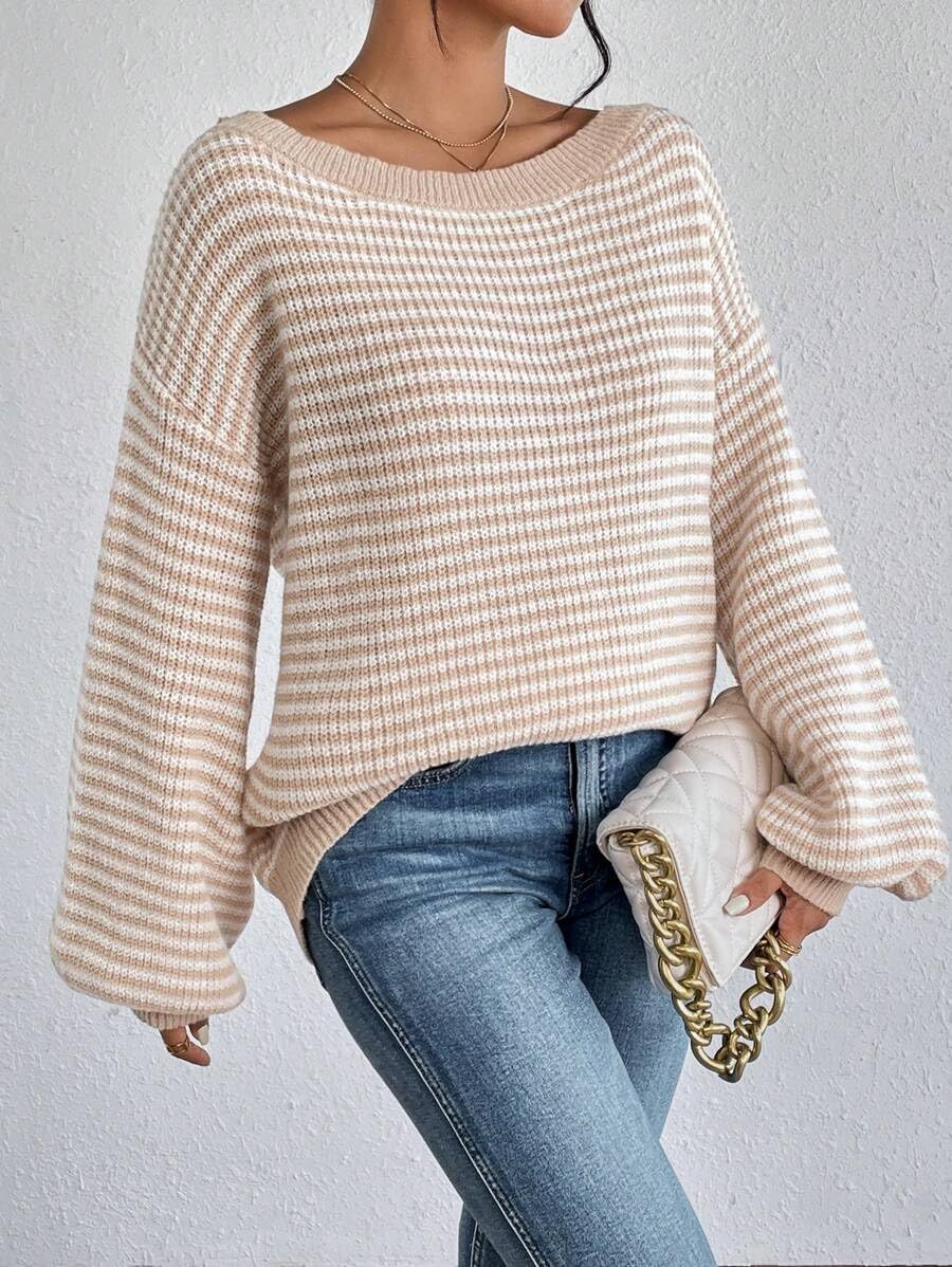 SKAYS Off The Shoulder Sweater Fall Striped Pullover Knit Sweaters for Women Long Sleeve Lightweight Drop Shoulder Tops - Image 6