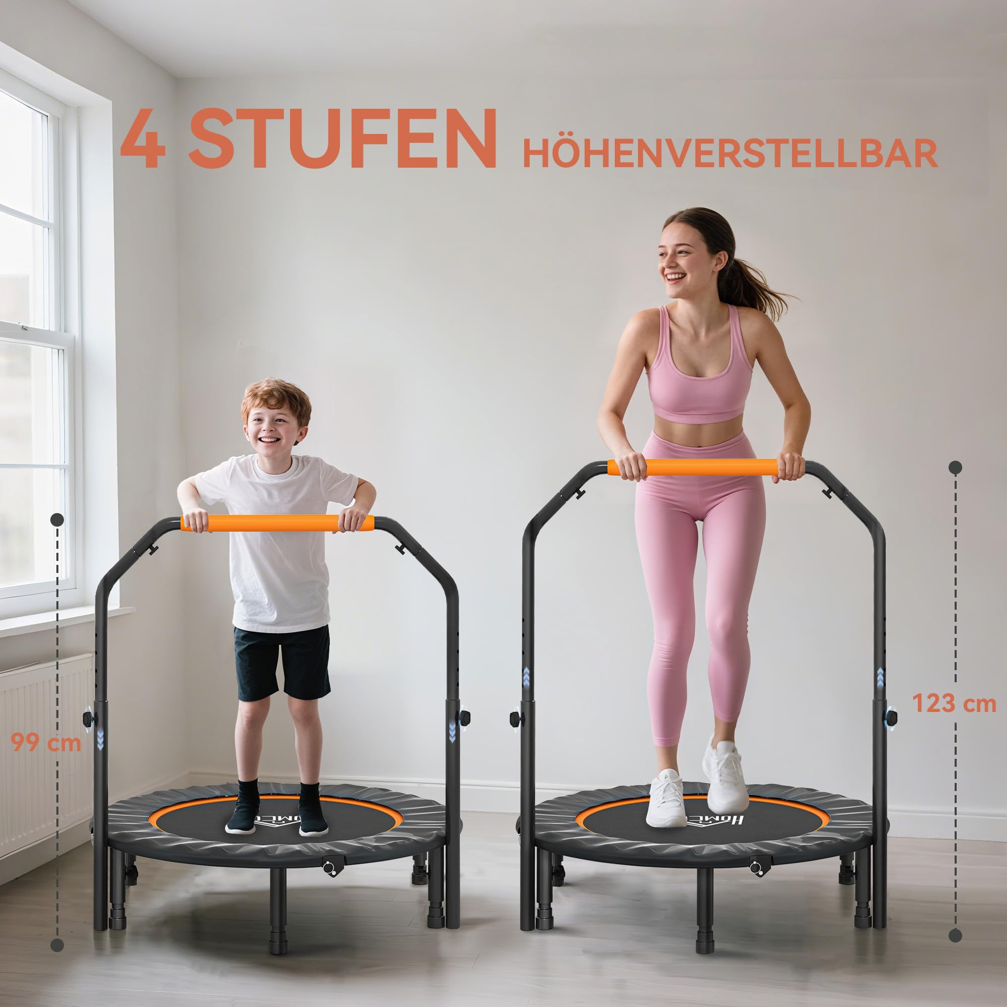 HOMCOM 102 cm Fitness-Trampolin, Faltbares Mini-Trampolin mit vierfach höhenverstellbarem Haltegriff, Fitness-Rebounder für Erwachsene, bis 150 kg