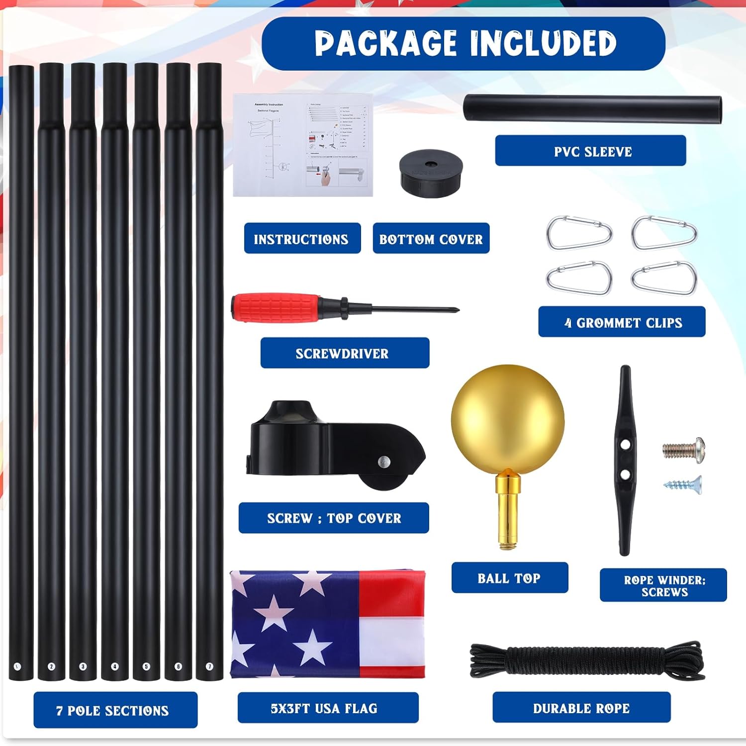FuWeave Flag Poles for Outside House in Ground 25 ft Sectional Flag Pole Kit Extra Thick 16 Gauge Heavy Duty Aluminum Flag Pole with Gold Ball Top for Residential or Commercial(Black)
