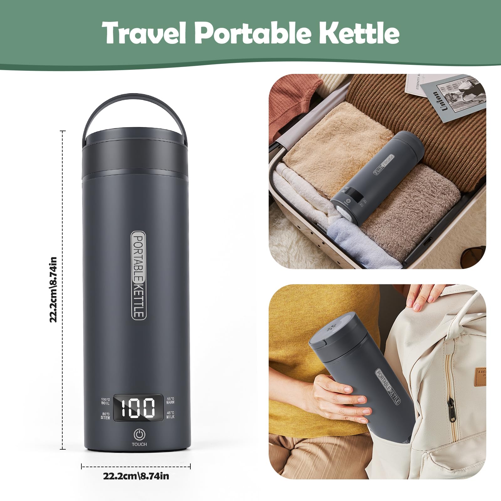Bouilloire électrique portable de voyage, 450 ml, avec 4 régulateurs de température, arrêt automatique et protection à sec, en acier inoxydable 316, 4 régulateurs de température (Gris)