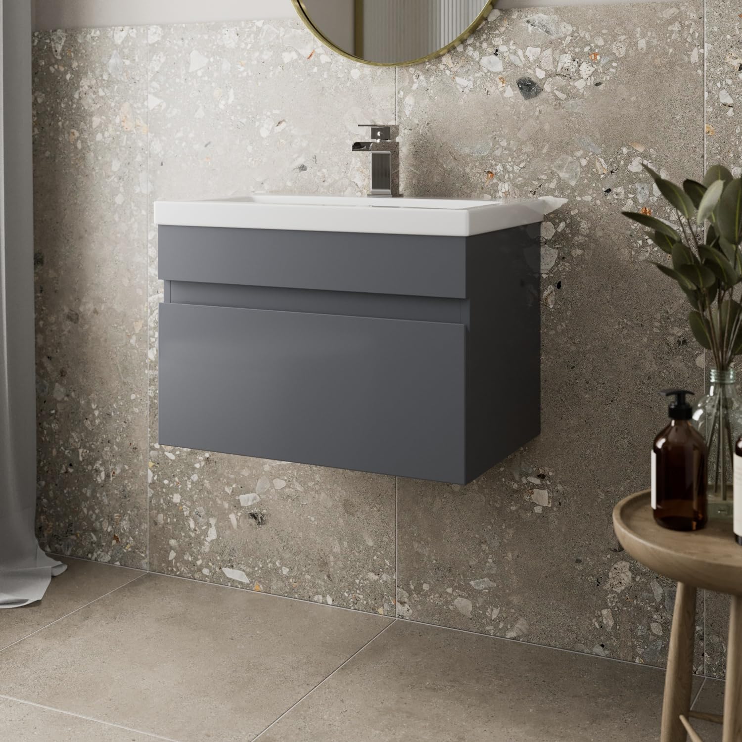 Artis 600mm Bathroom Vanity Unit Basin Storage Wall Hung Cabinet Furniture Grey Gloss — image 1