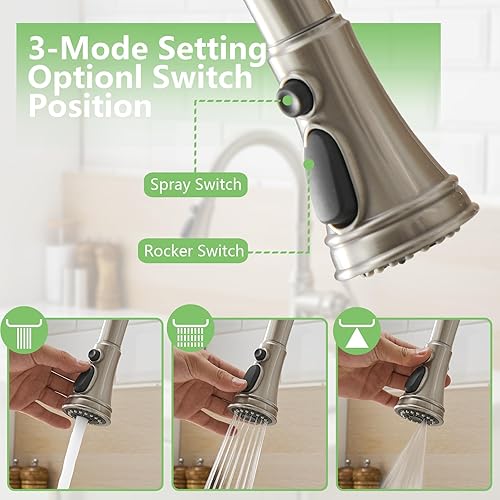 Miniatura 5 de BATHLAVISH Grifo de fregadero de cocina con rociador extraíble, grifo de cocina de níquel cepillado, grifo de cocina comercial, cepillo de 3 modos