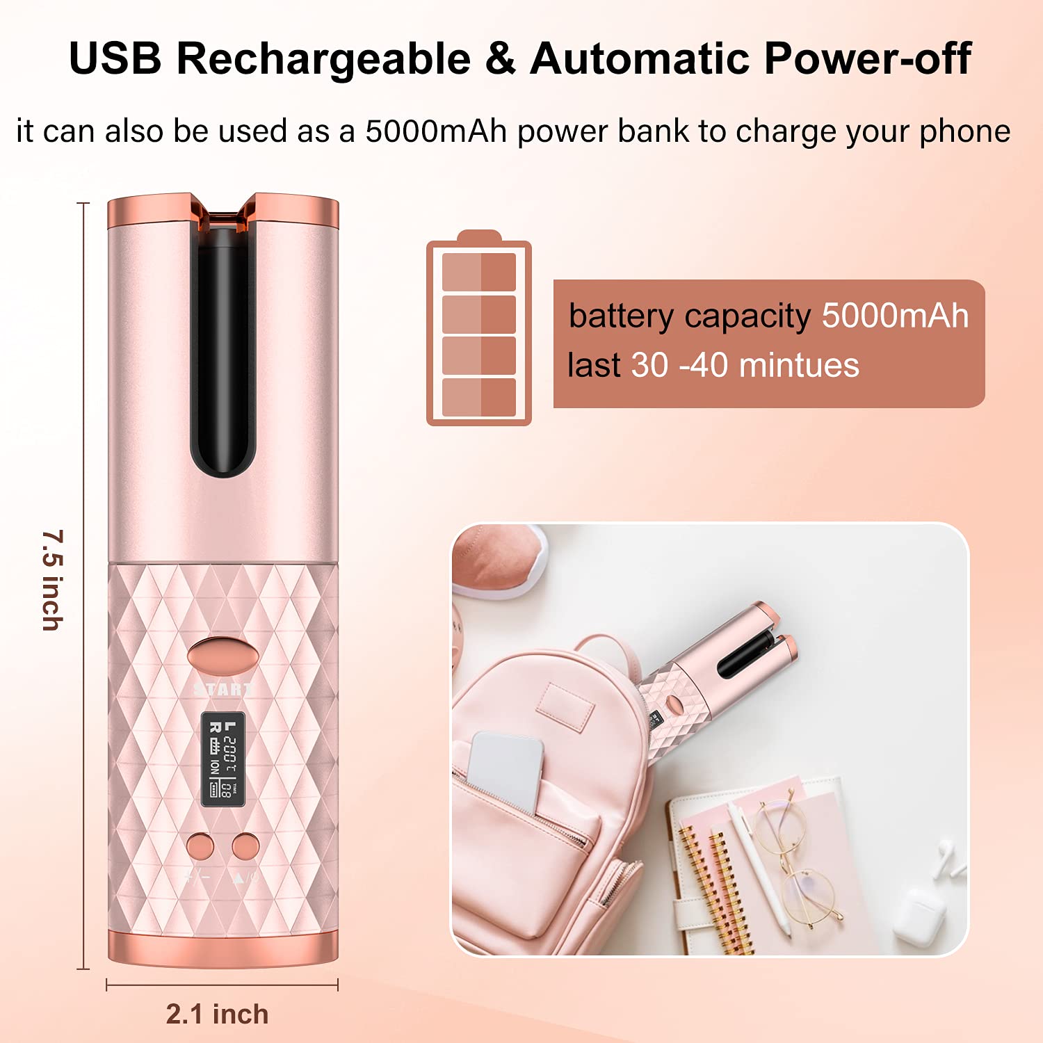 Automatic Curling Iron, Cordless Hair Curler with Adjustable Temperature and Timer, Portable 5000mAh Rechargeable Ceramic Barrel Wave Wand, Rotating Curling Wand Styling Tool