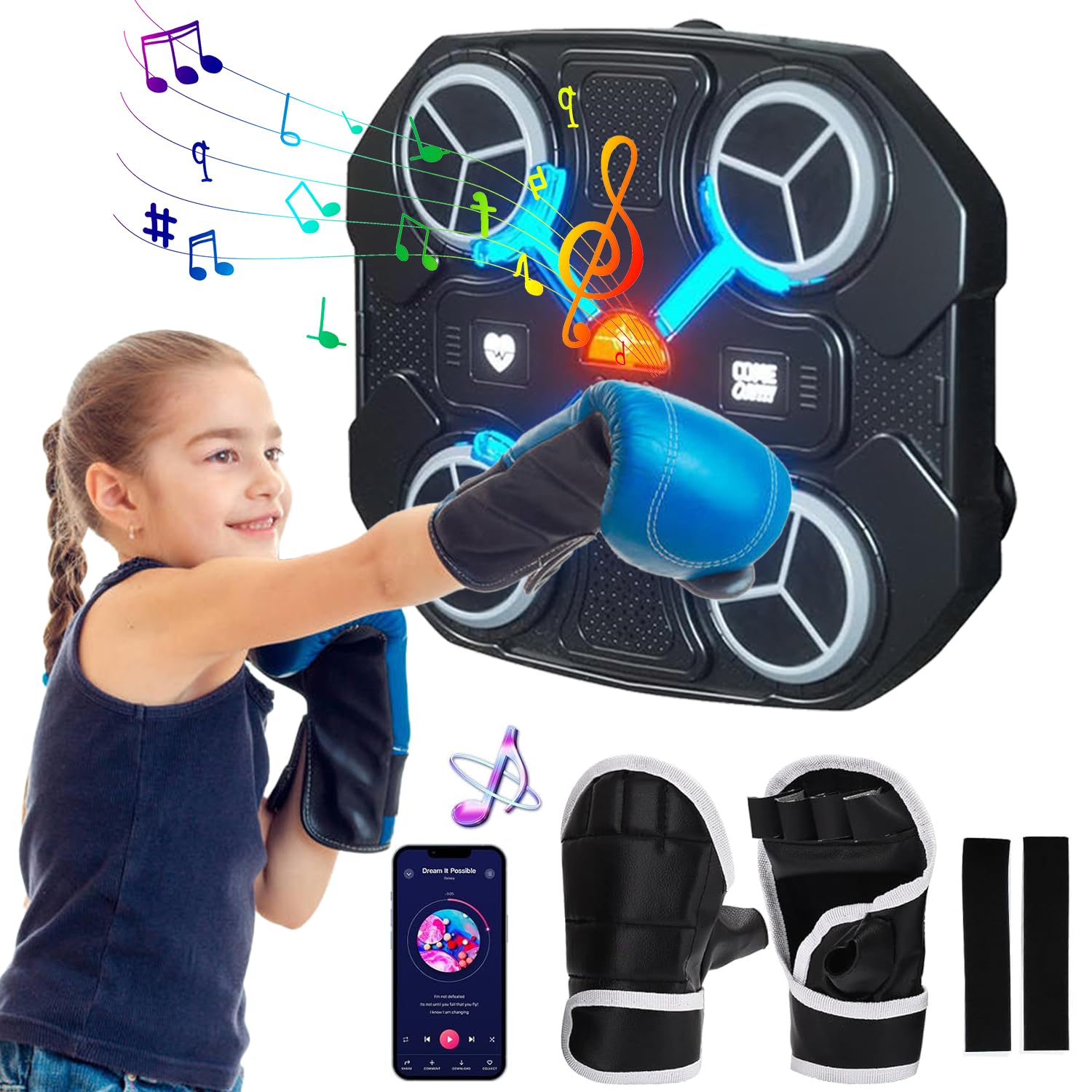 Music Boxing Machine, Smart Wall Mounted Punching Machine with Half Finger Gloves & Bluetooth Connection, USB Charging One Punch Boxing Game Boxing Target Training Equipment for Kids (Black)