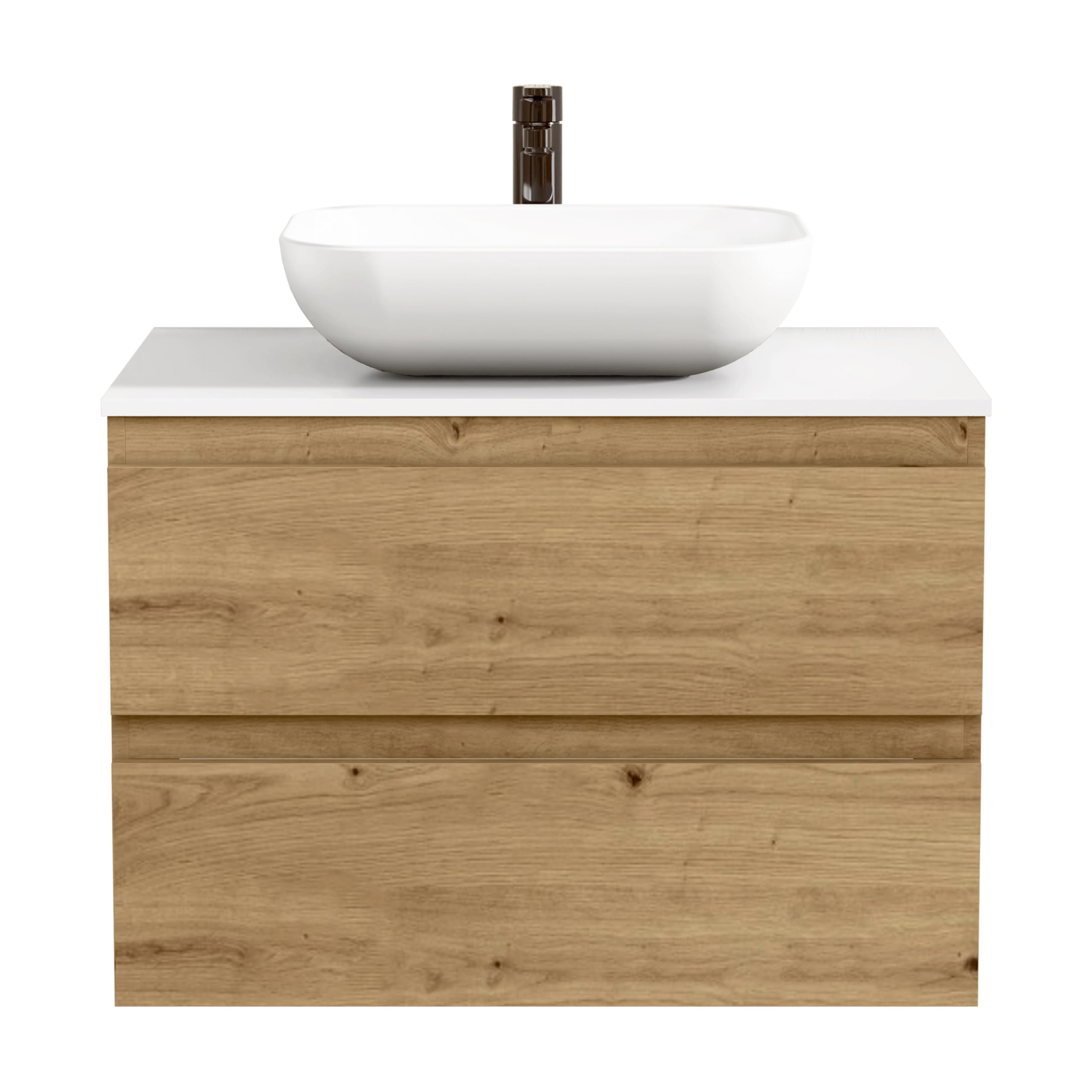 BELLOBATH - Mueble Baño Suspendido con Lavabo de Cerámica, Mueble Baño con Lavabo Montado con 2 Cajones, 60 x 55 x 46 cm, Mueble Roble y Tapa Blanca