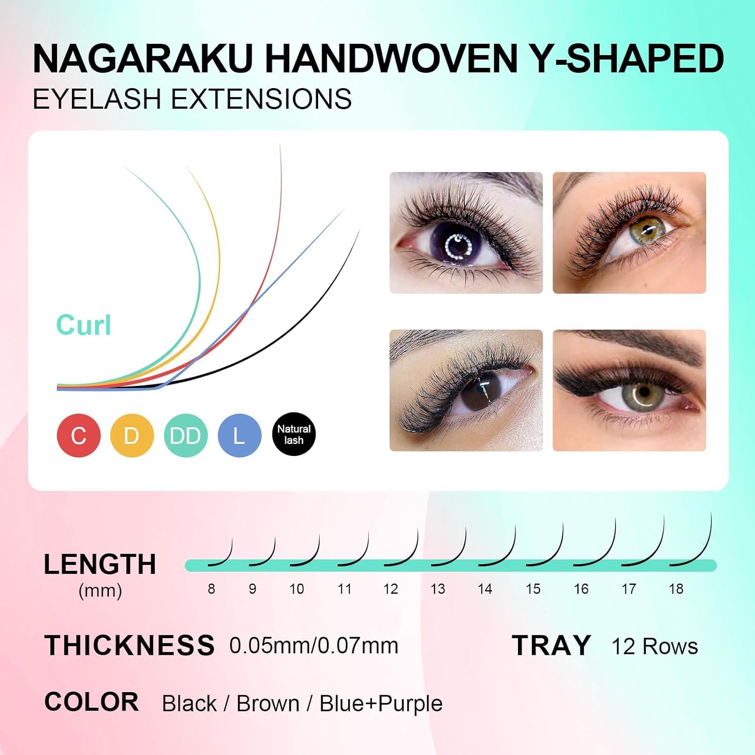 NAGARAKU 5 Trays yy Eyelash Extensions y lash 0.05mm D 8-12mm Mix Tray in 1 pack Premade 4D Easy Fan Russian Volume Cluster Faux Mink Matte Black 12 rows