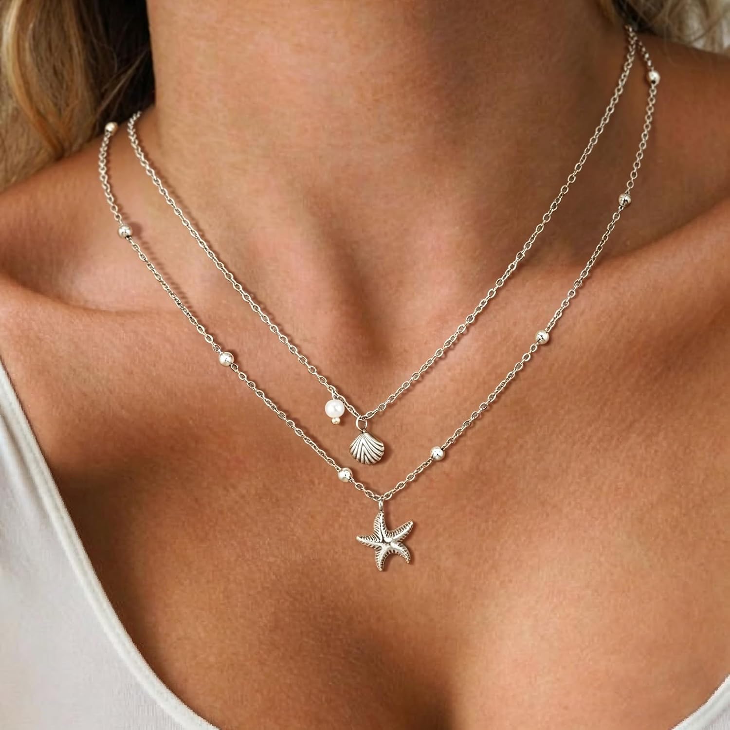 Shell Necklace for Women,14k Gold Plated Layered Starfish Conch SeaShell Pearl Pendant Charm Necklace,Non Tarnish Adjustable Stainless Steel Chain Stack Jewelry for Summer Beach Vacation image 4