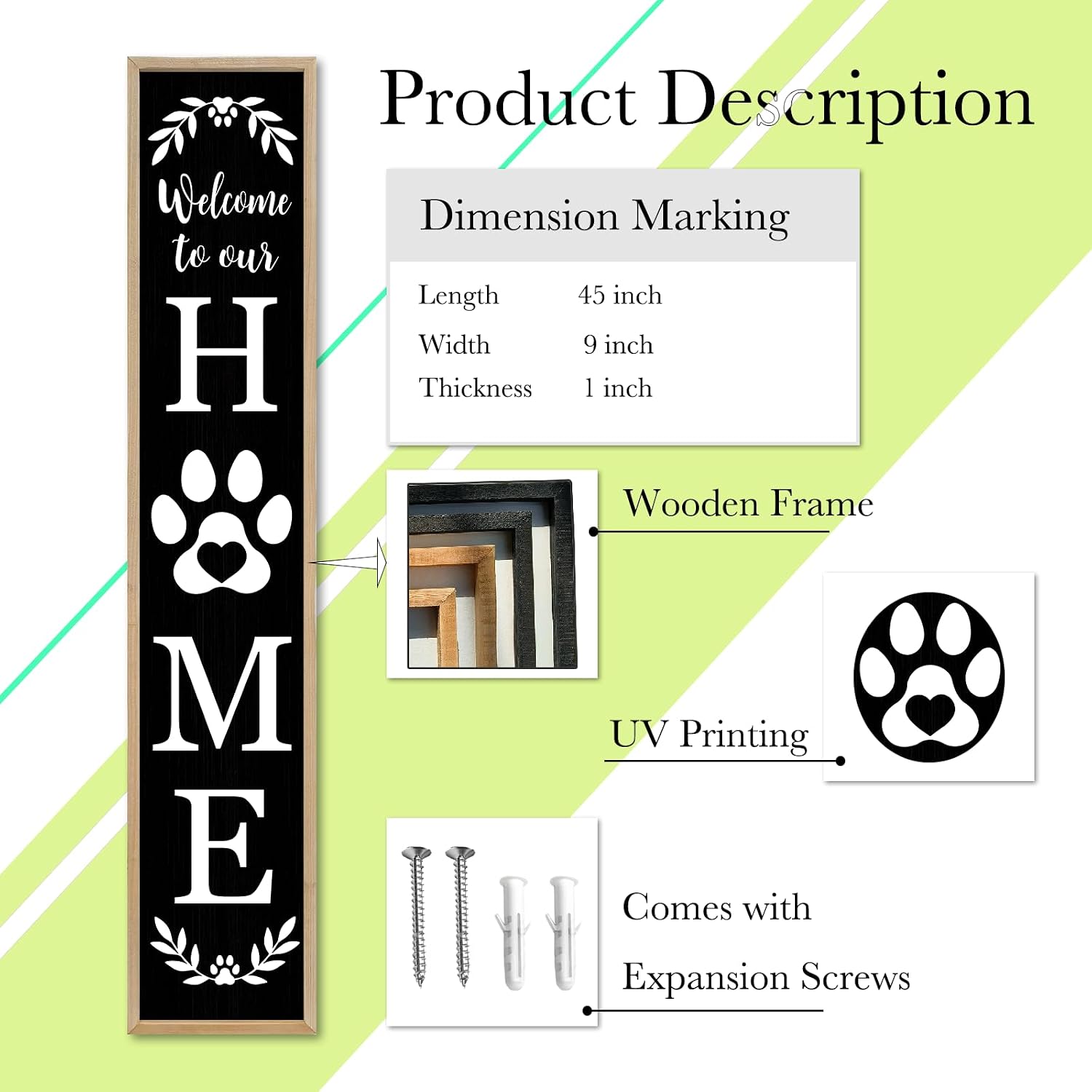 Standing Front Porch for Welcome To Our Home Sign 45"X9" Tall Vertical Leaner Paw Print Outdoor Front Door Wood Framed Decor (Wood Black)