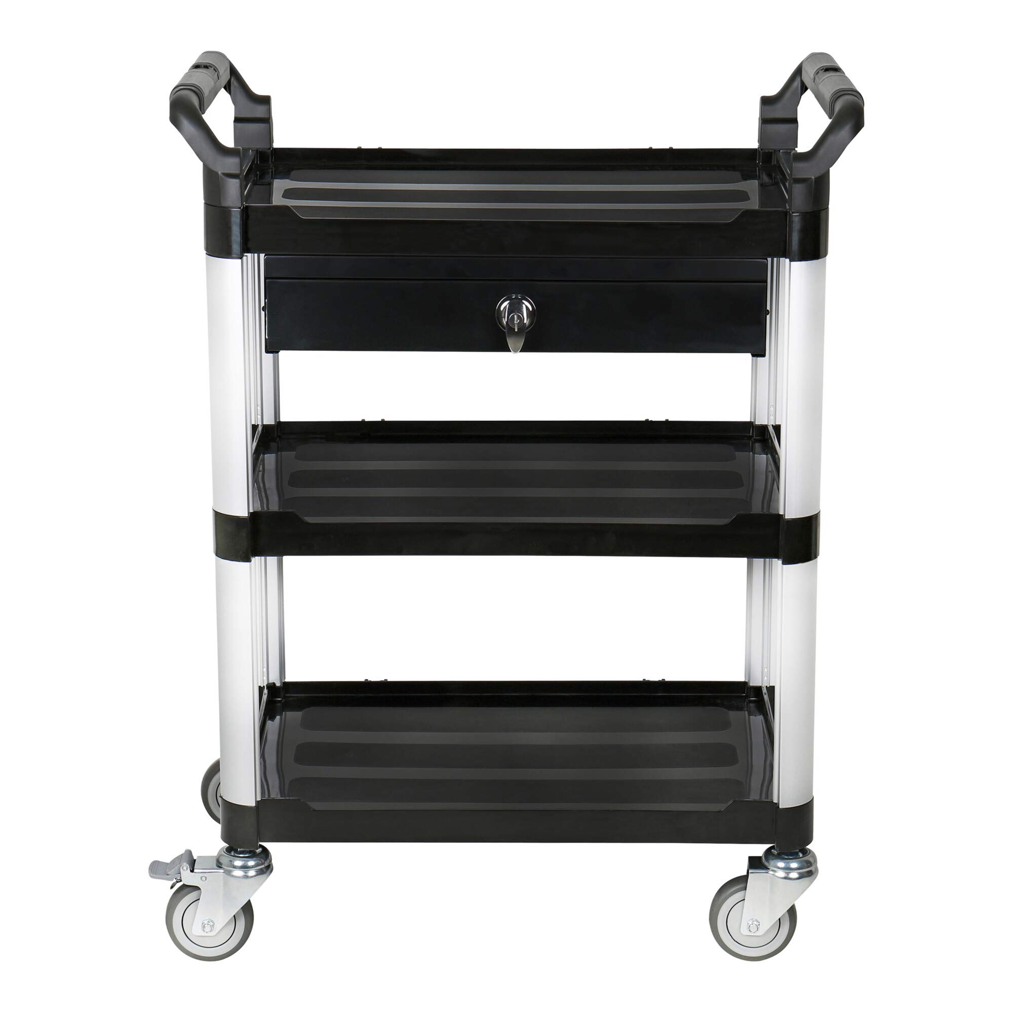STIER Servierwagen, mit 3 Etagen und Schublade, LxBxH 750x460x925 mm, Tragfähigkeit 150 kg, 4 Lenkrollen, 2 Davon feststellbar, Etagenwagen, Schiebewagen, schwarz