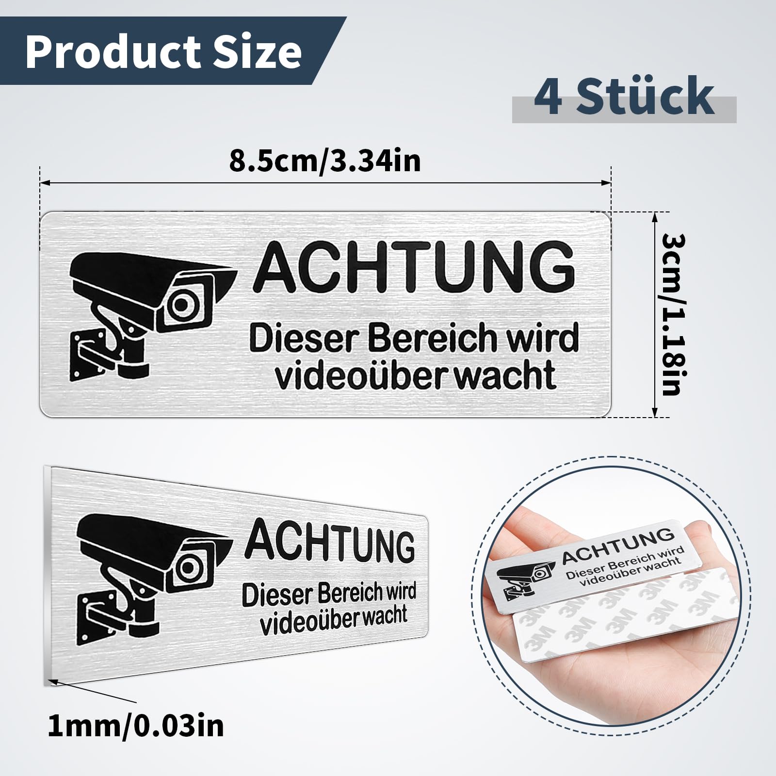 6 Stück Videoüberwachungsschilder Selbstklebend – Aluminium, 8,5x3 Cm, UV-beständig, Für Innen & Außen