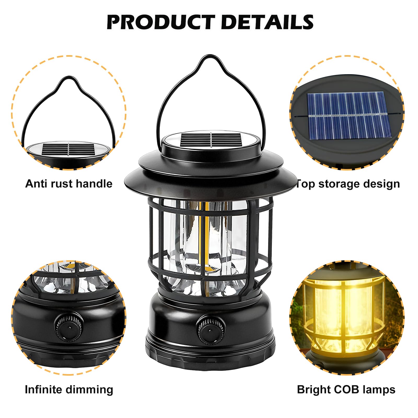 2 lampade da campeggio a LED, a energia solare, dimmerabili, USB, ricaricabili, retrò, da campeggio, IPX4, impermeabili, portatili, per pesca, emergenze, tenda all'aperto (nero)