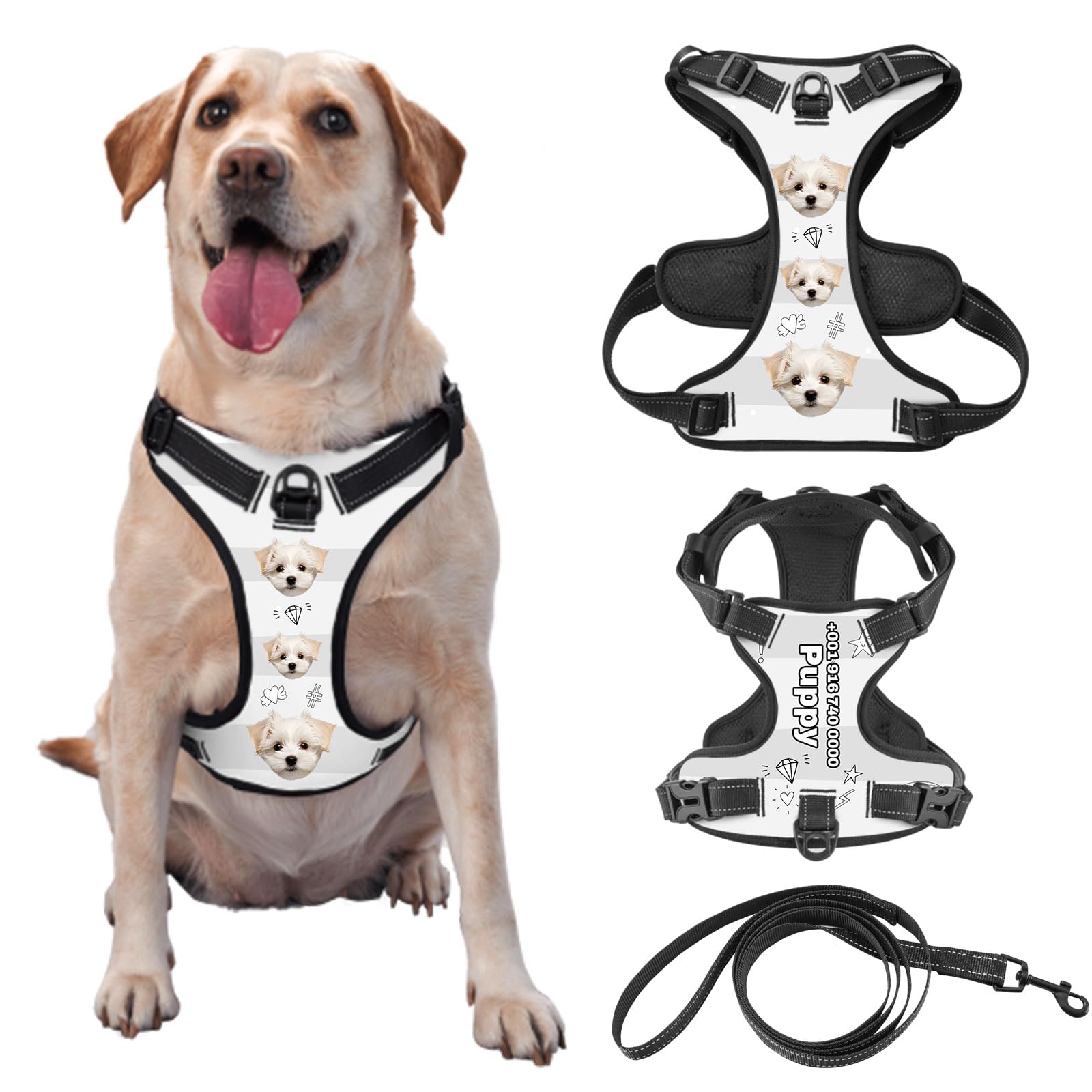 Customized No-Pull Dog Harness, Add Your Photo Logo Pet's Name, Personalized Adjustable Pet Reflective Undershirt, Personalized Gift for Outdoor Running Anti-Lost, Comes with Leash Optional
