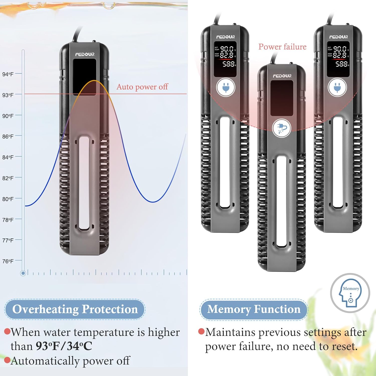FEDOUR 600W 800W Titanium Aquarium Heater with External Controller, LED Digital Display Submersible Heater with Overheating Protection, for up to 220Gallon Fish and turtle Tank (600W for up to 160Gal)