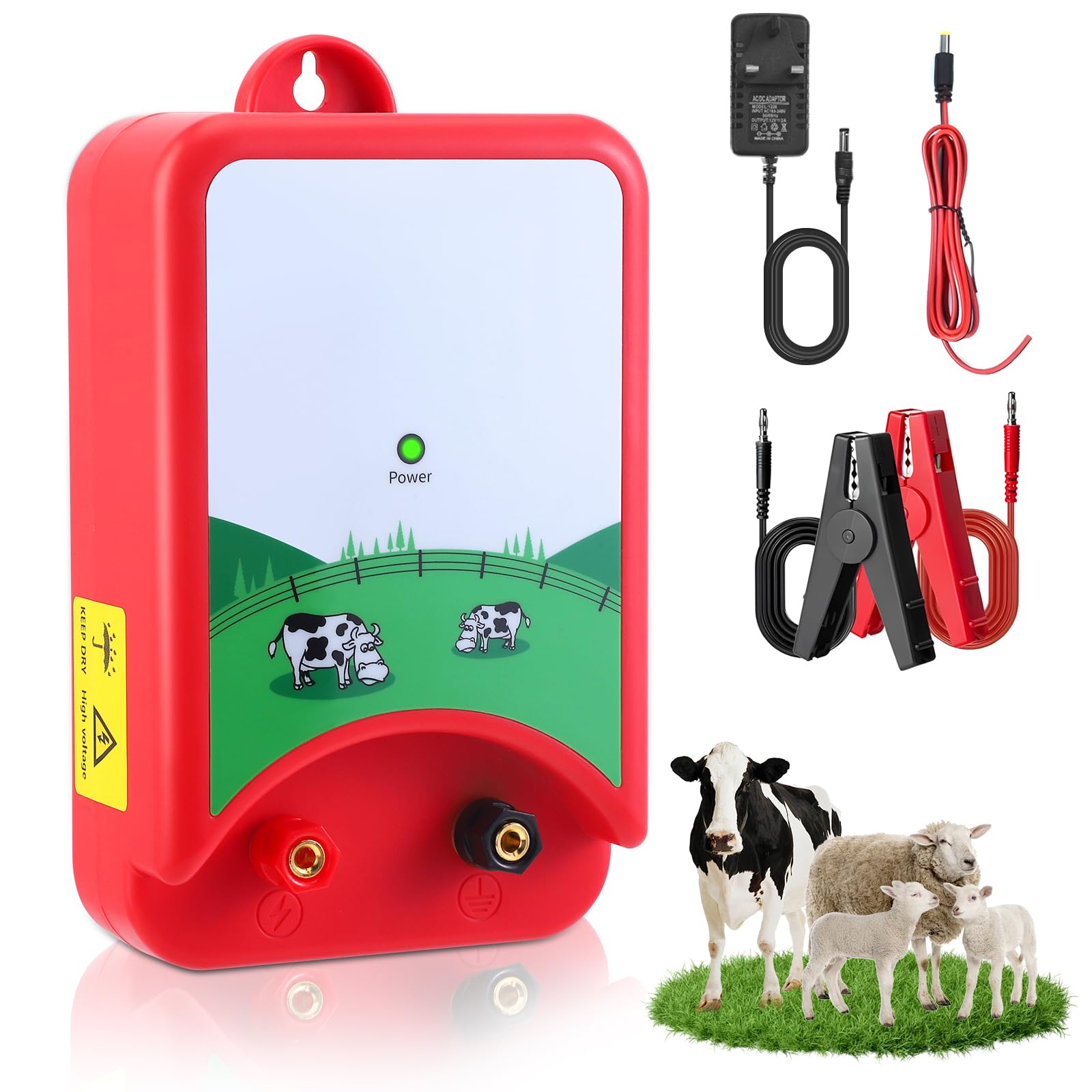 Electric Fence Energizer 2J Output Powerful For Large Animal Cattle Horses, 6 Miles To Contain Livestock Prevent Predators Electric Fence Charger Controller Powered By Battery Or Ac Alarm Fitting