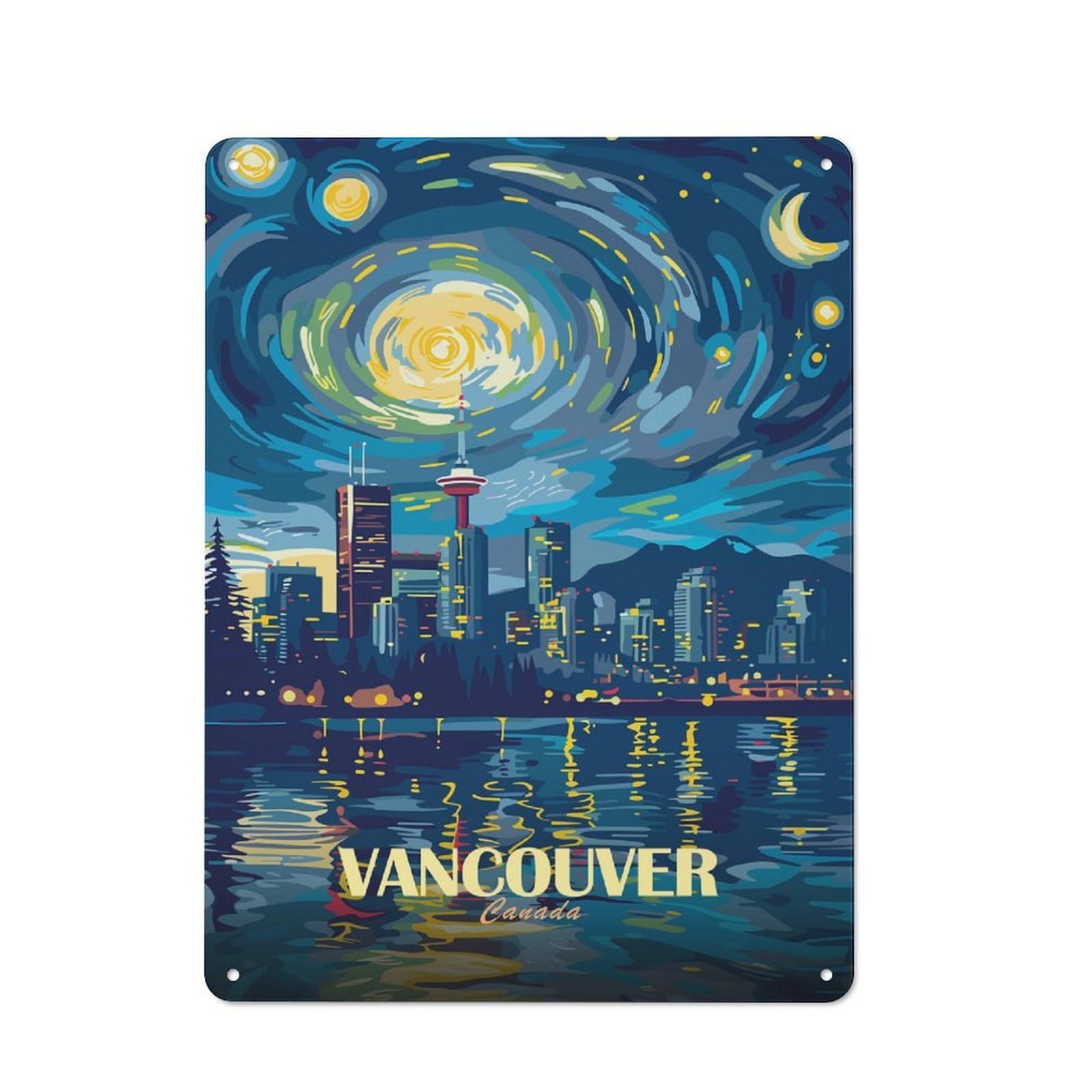 Junmoney Style-4 Tin Wall Plaque 40X30cm With Vancouver Canada Night Skyline Art For Man Cave Or Games Room, For Vintage Wall Decor Fans, For Themed Room Decoration