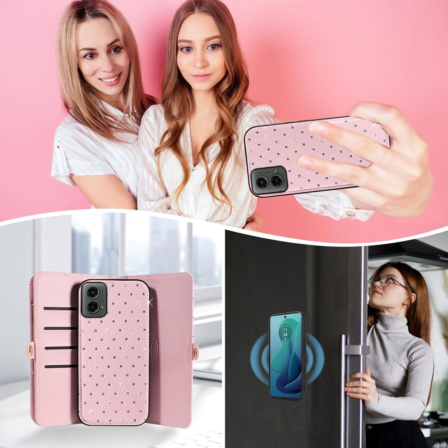 Asuwish Phone Case for Motorola Moto G 5G 2024 Zipper Wallet Detachable Cell Cover with Tempered Glass Screen Protector Crossbody Lanyard Strap Glitter Flip Card Holder Slot G5G 5 G G5 Women Men Pink