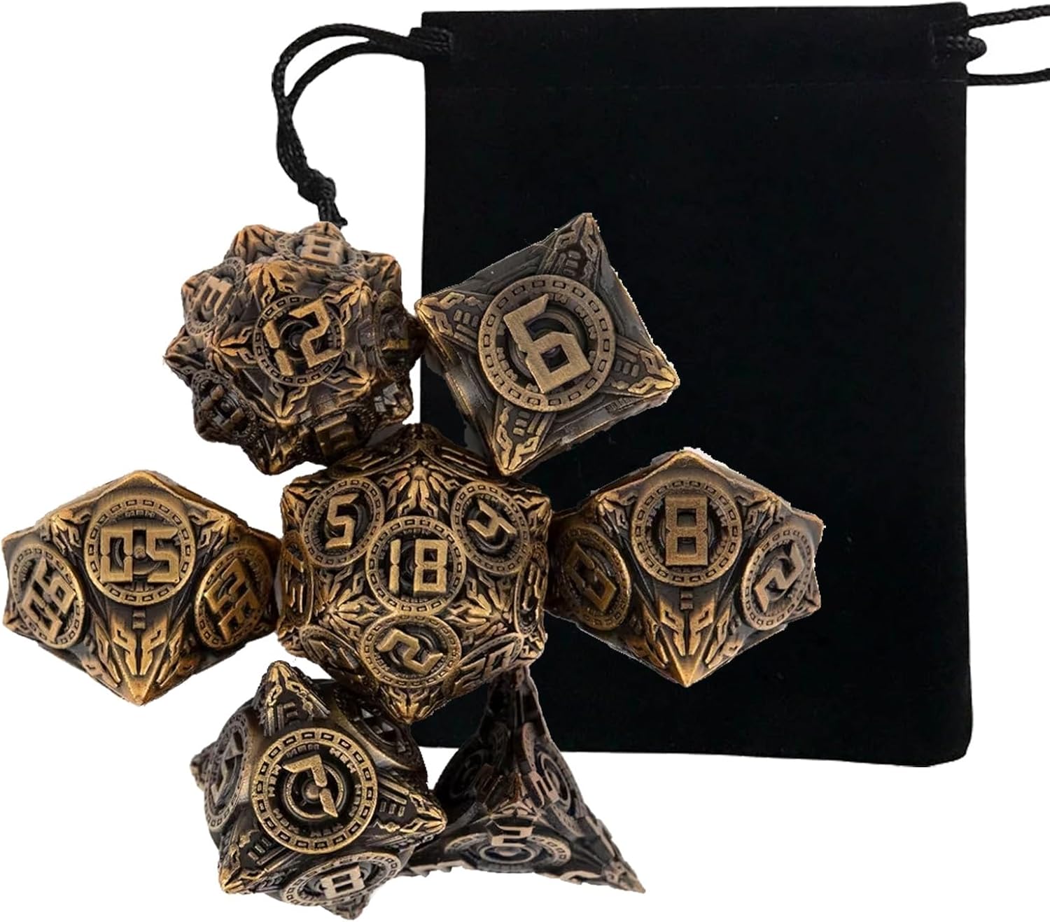7pcs Yellow Circle Wheel Metal Dice, Solid Metal Polyhedral Dice, Compatible with Role-Playing RPG Board Game Card Game