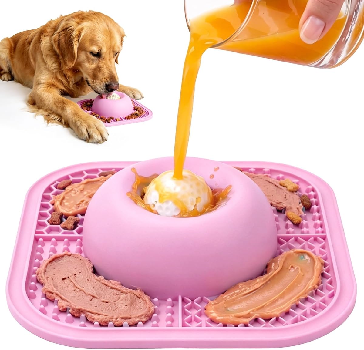 Cuencos para perros de alimentación lenta y alfombrilla para lamer para golosinas líquidas y espesas, cuenco antideslizante para lamer perros con bola interactiva, juguete para lamer cachorros de 5/6 tazas para perros y gatos grandes, medianos y pequeños, color rosa