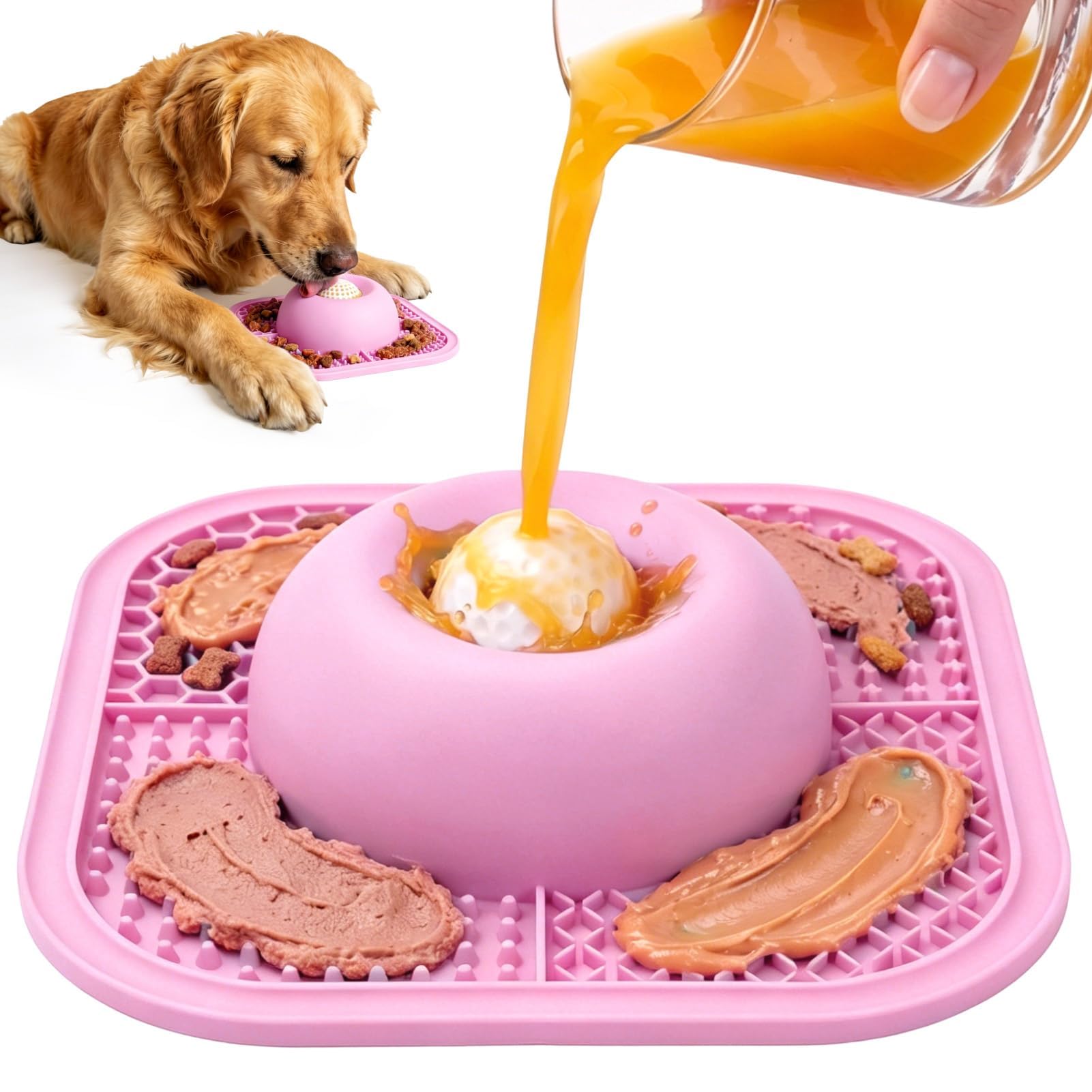 Slow Feeder Dog Bowls &amp; Lick Mat for Liquid and Thick Treat, Anti-Slip Dog Lick Bowl with Interactive Rolling Ball, 5/6 Cup Pup Licking Toy for Large Medium Small Dogs and Cats-Large Pink