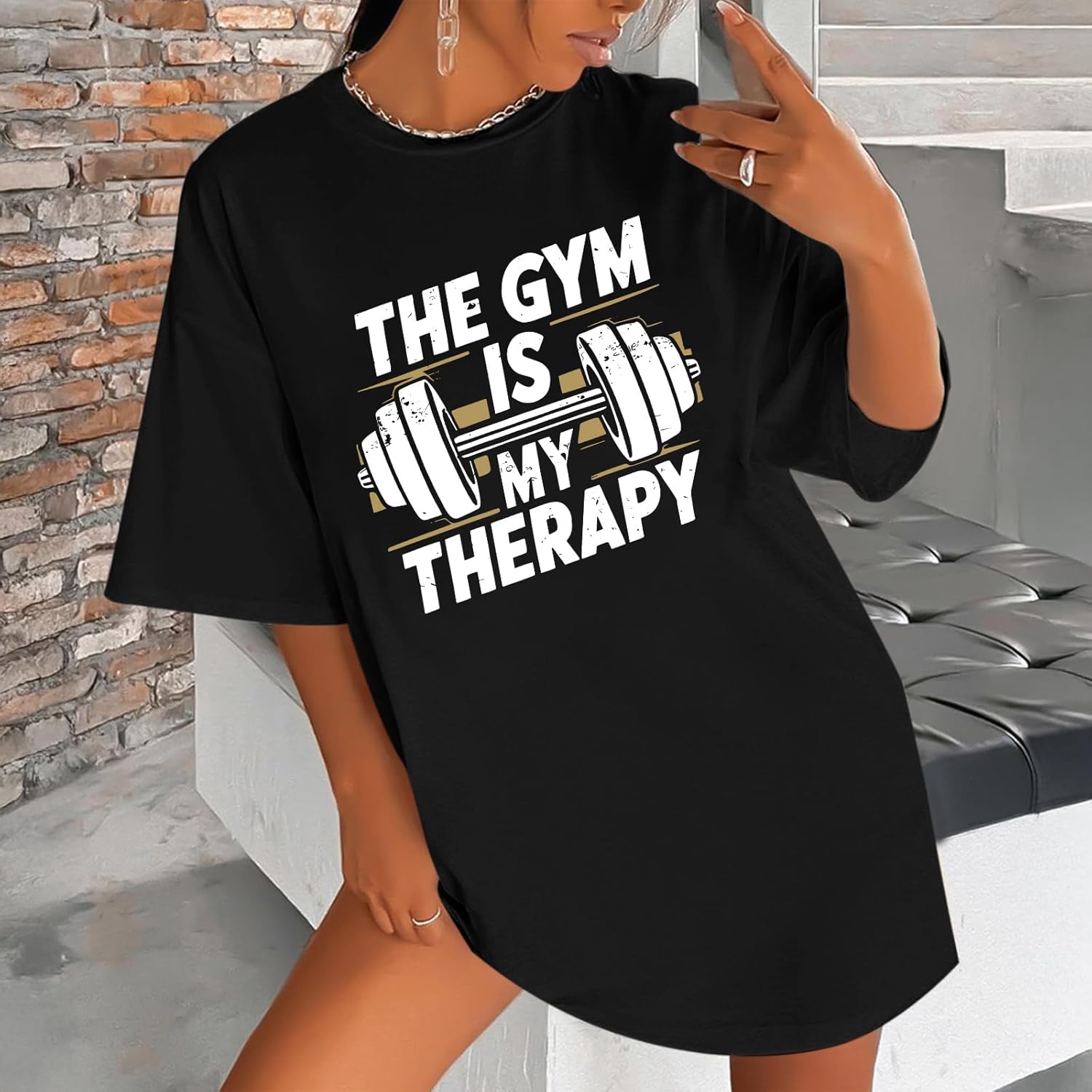 Funny Gym Shirts for Women Workout Weight Lifting Tshirts Weightlifting Graphic Oversized Gym is My Therapy Tee Tops - Image 4